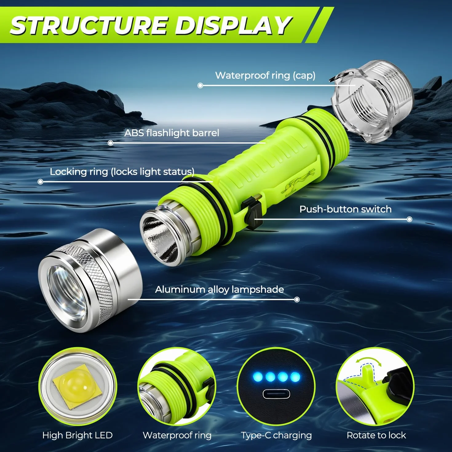 Torcia subacquea ricaricabile 1500 lumen IPX8 LED impermeabile 3 modalità subacquee (argento)
