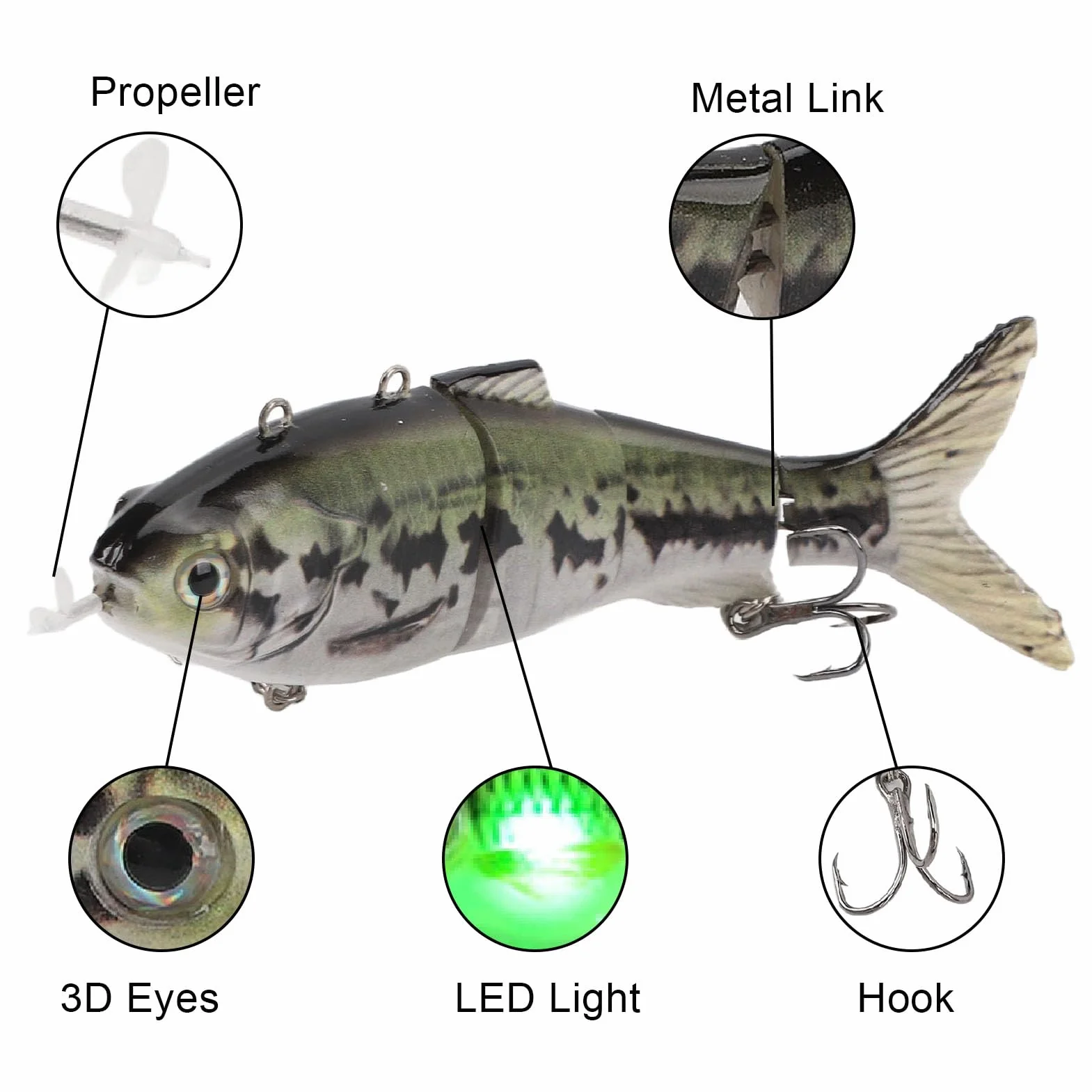 Esca da Pesca Elettrica Swimbait LED Ricaricabile USB Multisnodato