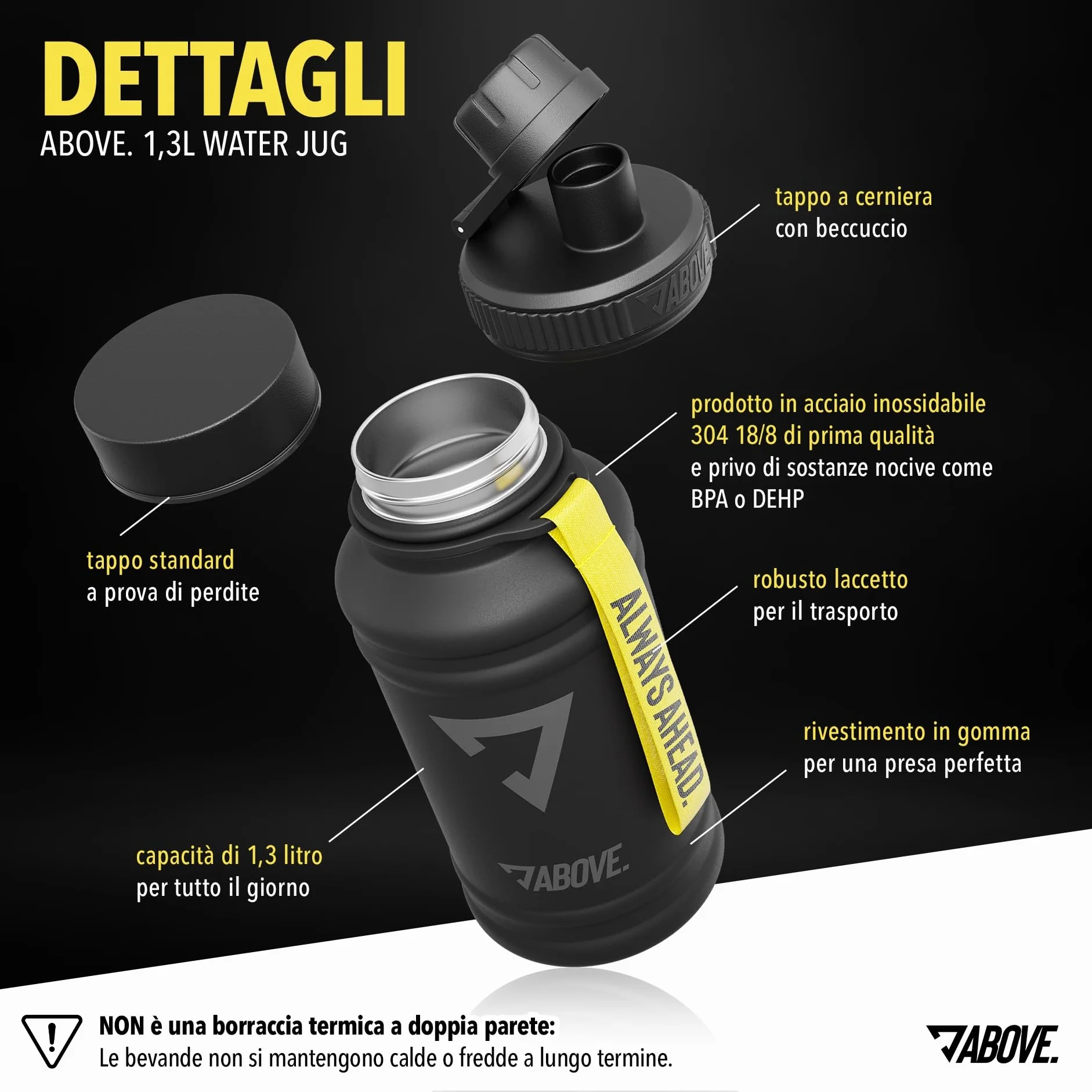 Borraccia in Acciaio Inox 1.3L Senza BPA a Prova di Perdite con 2 Tappi per Sport Outdoor