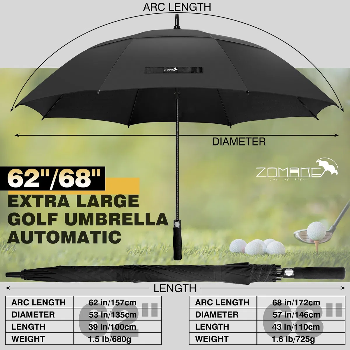 ZOMAKE Ombrello da golf antivento e antipioggia 172,7 cm, grande ombrello antivento forte, infrangibile, grande ombrello da golf, doppio baldacchino, per uomini e donne