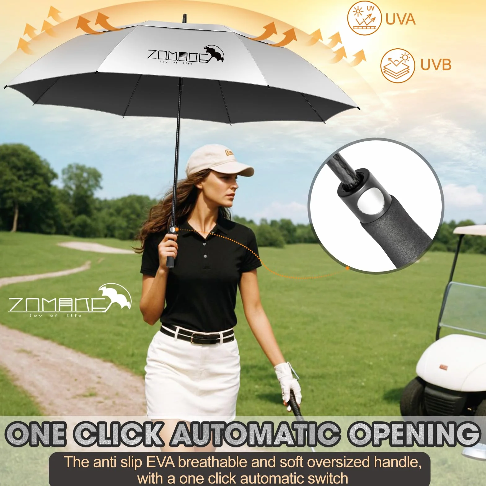 ZOMAKE UV Ombrello Golf Antivento Grande,62/68 Pollici ombrello parasole Robusto XXL,Ombrelli Uomo Donna Doppia Copertura Ventilata Da Sole Per 2-3 Persone