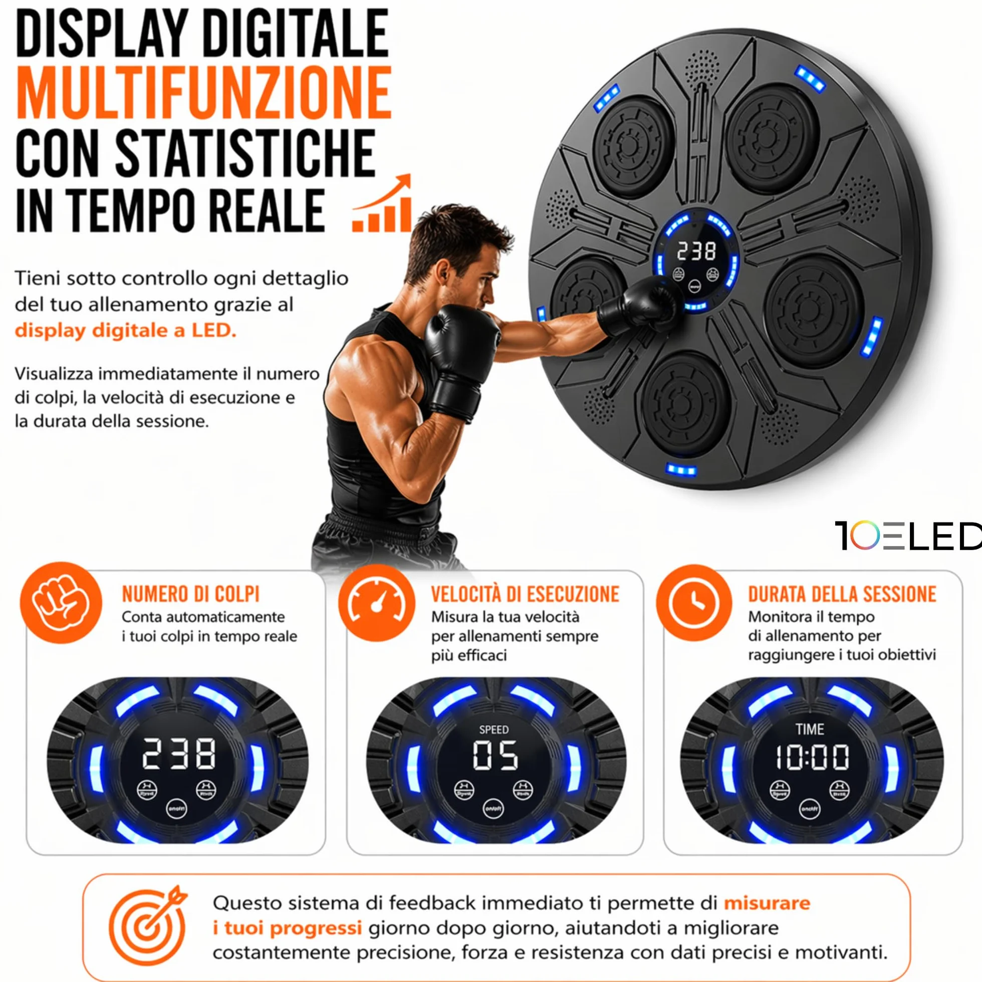 Music Boxing Machine Interattiva con LED a Parete e Bluetooth - Display Digitale - 5 Pad Reattivi - Guantoni INCLUSI - Beat Punch Allenamento Casa per Riflessi, Velocità e Coordinazione