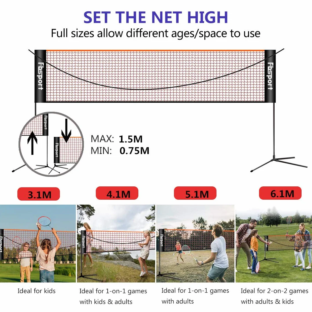 FBSPORT Rete da Badminton, Rete da calcio Tennis 3-6m Rete da Allenamento per Rete da pallavolo Portatile, 3 Altezze Regolabili Portaoggetti per Rete da Badminton Pieghevole, Interni ed Esterni