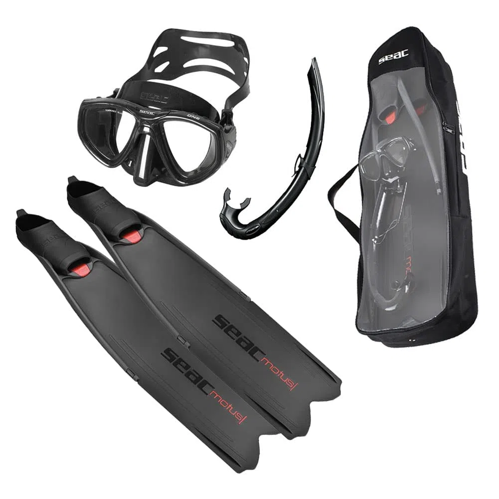 SEAC Motus Set Tris - Pinne Motus, Maschera One, Snorkel Jet, Borsa Inclusa per Apnea e Pesca Subacquea Unisex Adulto