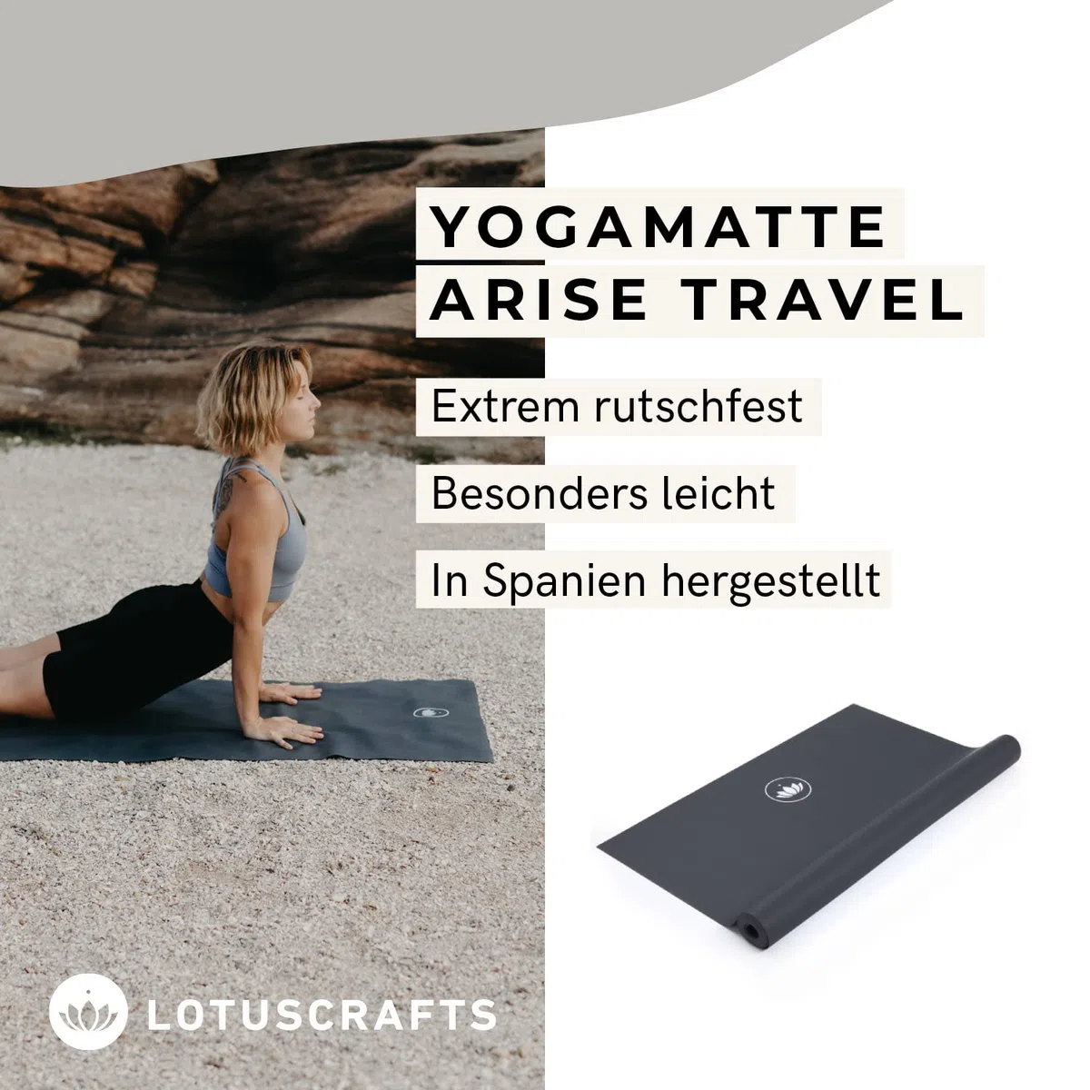 LOTUSCRAFTS Tappetino yoga da viaggio, modello Arise Travel, sottile e pieghevole, prodotto in Spagna in gomma naturale, tappetino yoga portatile, ideale per i viaggi