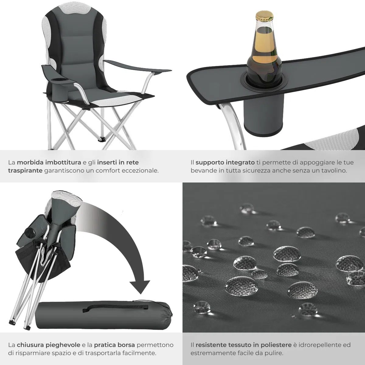 tectake® 2 Sedie da Campeggio Pieghevole, Comoda Imbottitura, Sedie Relax con Tessuto a Rete per Ventilazione, Bracciolo con Porta Bevande Incorporato, Pratica Borsa Inclusa - Grigio