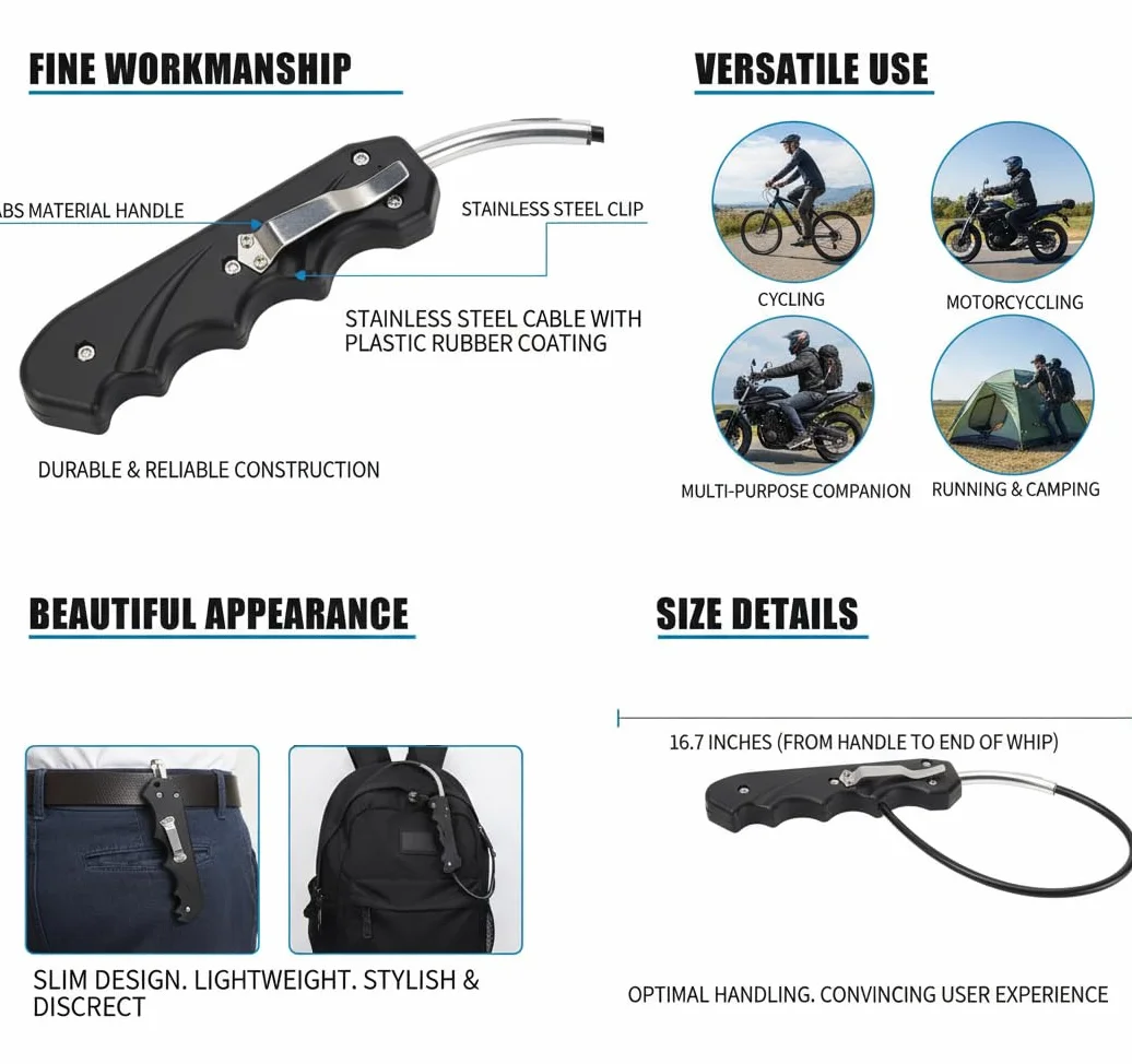 Frusta per Autodifesa, Rompivetro Portatile 16,7 pollici, Frusta Multiuso per Bicicletta, Manico in ABS, Corda in Acciaio Inossidabile, Allenamento di Arti Marziali Adulti Whip, Fitness, Bodybuilding