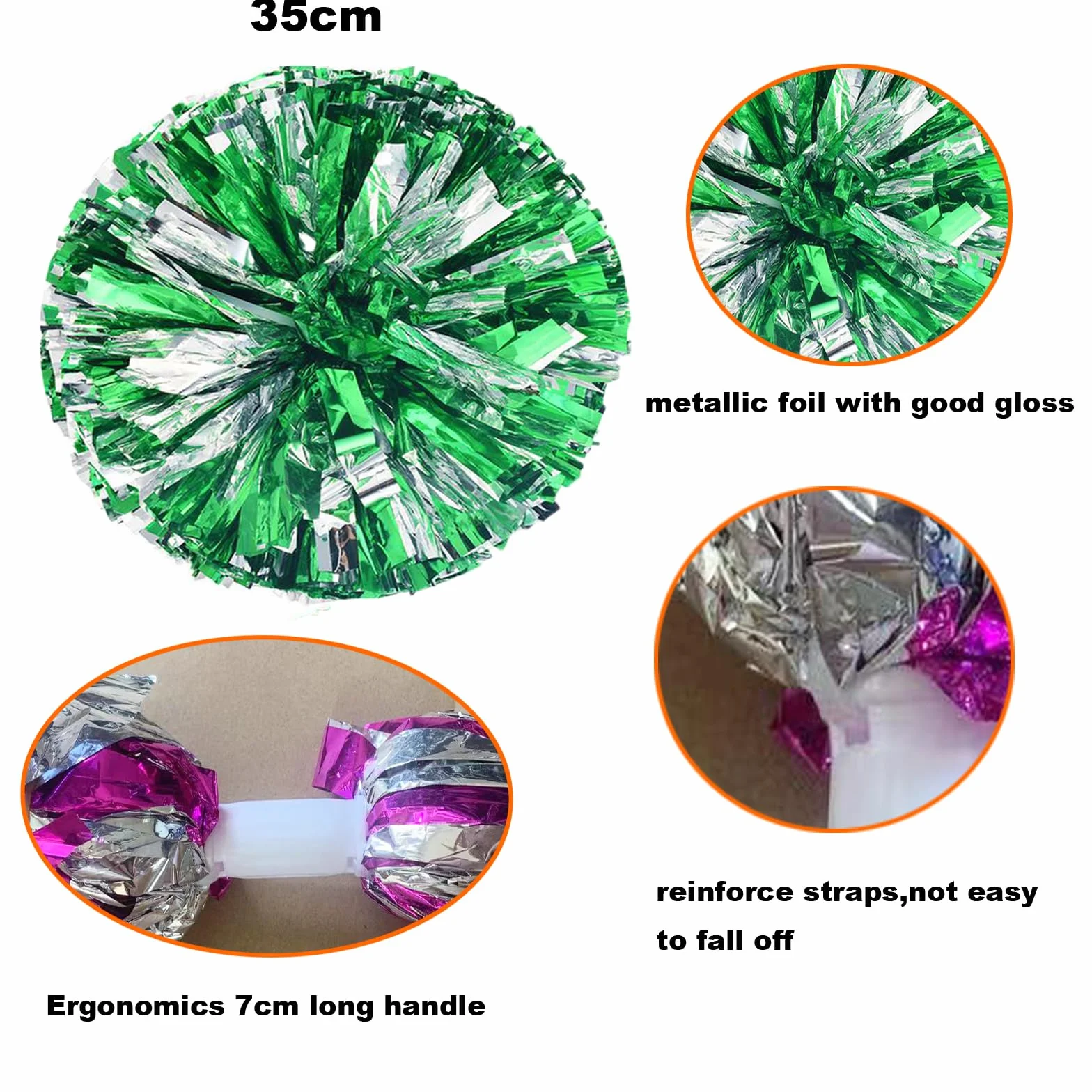 Cheerleading Pom Poms 35cm Metallici per Sport di Squadra Calcio Ballo Cheering Bambini Adulti