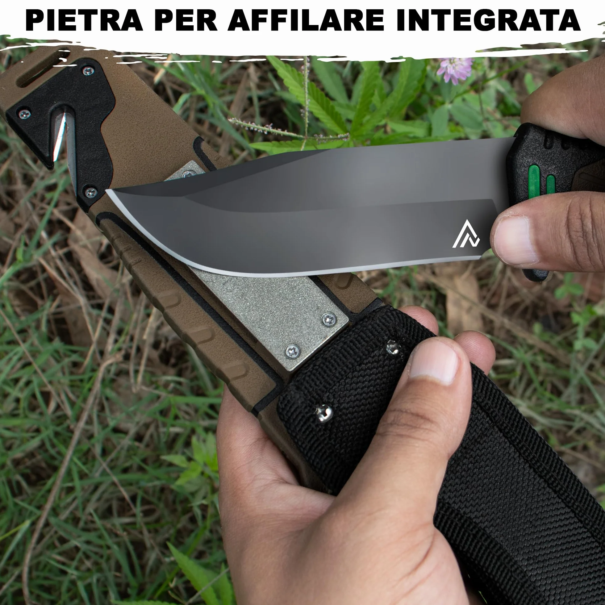 naifu® - The Hunter X - MARONNE - Coltello sopravvivenza a lama fissa da 12 cm in acciaio inossidabile - Coltello da caccia - Sopravvivenza - Bushcraft - Accendino e affilatore inclusi