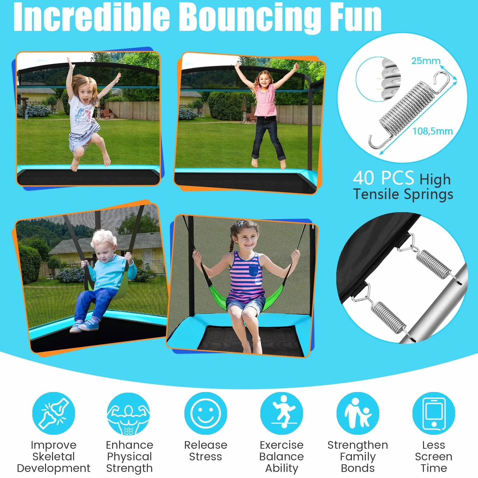 KOMFOTTEU Trampolino Elastico per bambini con Altalena, Rete di Sicurezza, Trampolino Rettangolare Portato 100 kg, Tappeto da Salto all'Aperto, Tappetino per Saltare, 190x122x210 cm