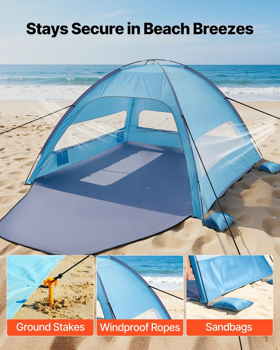 VEVOR Tenda da Spiaggia Parasole per Mare per 8 Persone, Tenda da Sole Portatile con Borsa per il Trasporto e Ancoraggi a Terra, Ombrellone da Spiaggia Leggero per Campeggio, Pesca, Picnic