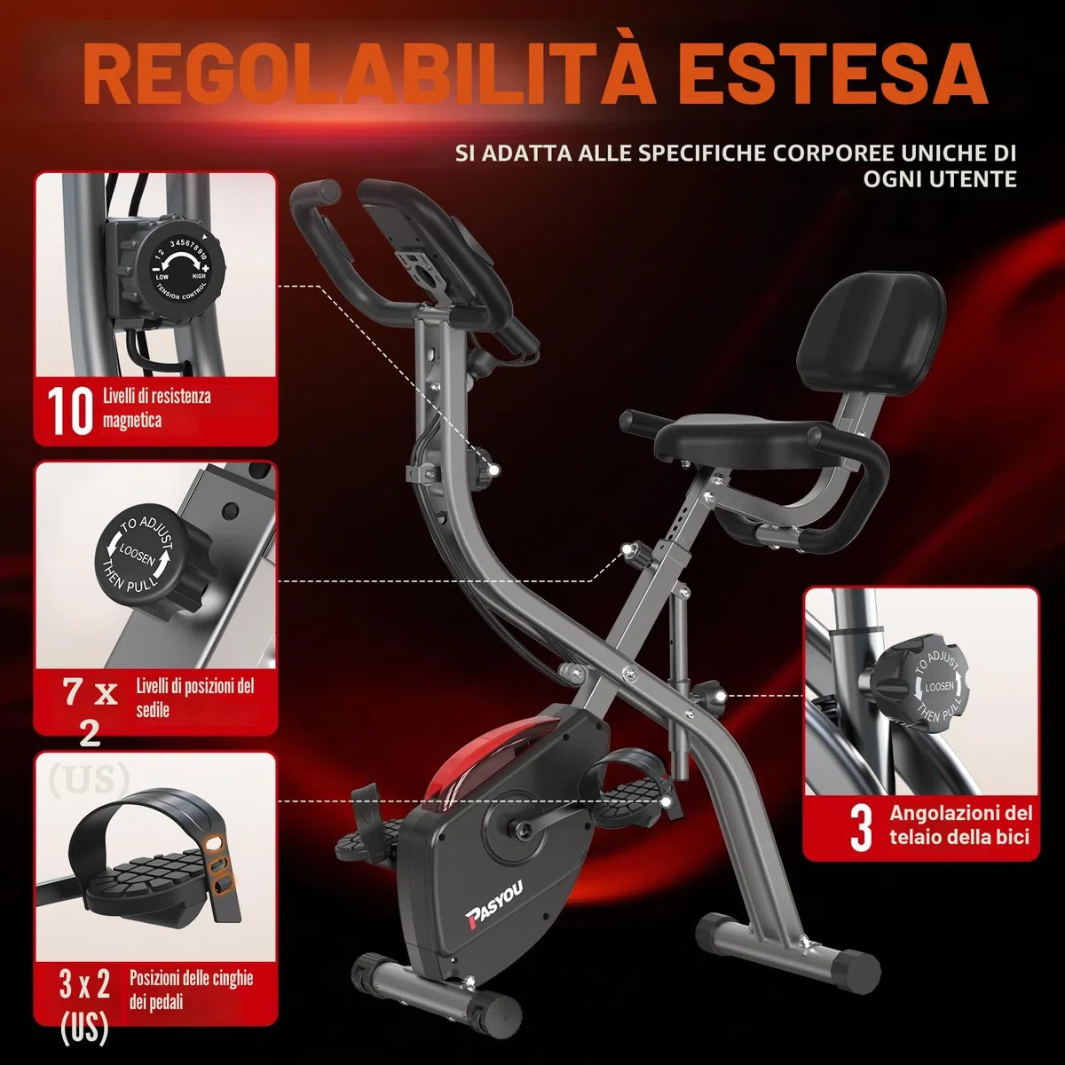 PASYOU Cyclette Pieghevole 3 in 1, Bicicletta magneticaper la Casa, Spinning Bike con monitor LCD e sensore di frequenza cardiaca, Cyclette a 10 livelli di resistenza magnetica,Salvaspazio