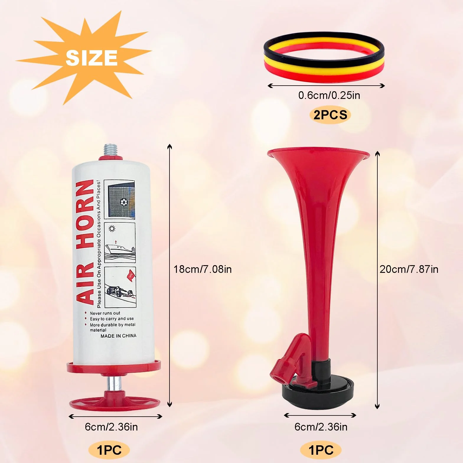 Tromba da stadio Air Horn estremamente forte con 2 braccialetti in silicone