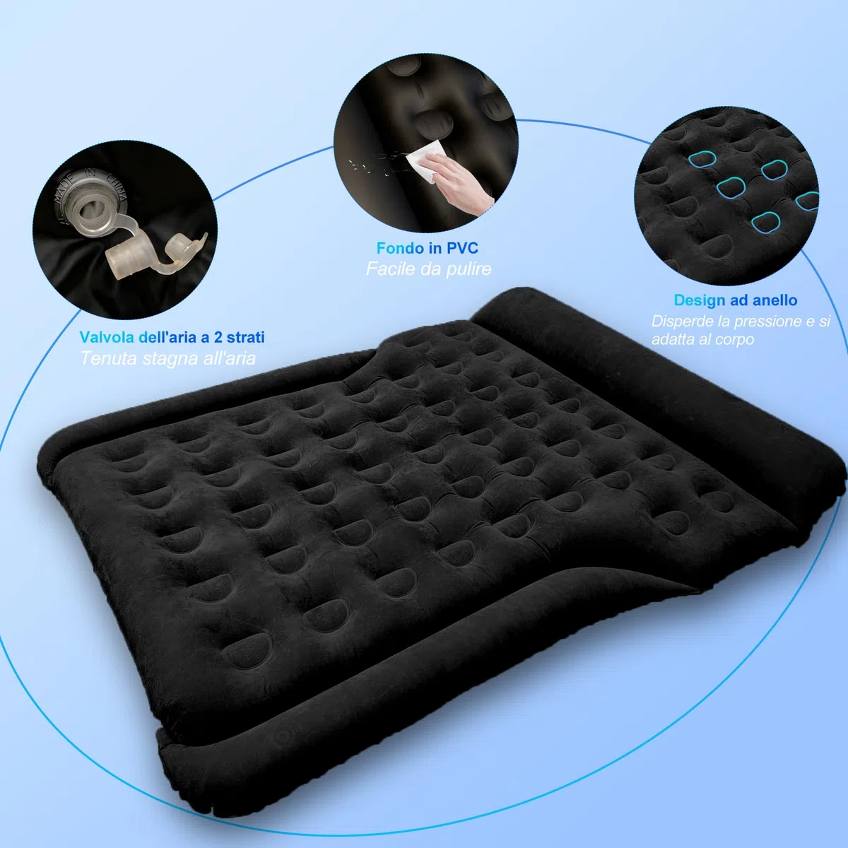 Materasso Auto, Universale Materasso ad aria per SUV MPV VAN nel bagagliaio 185x140x20cm, Mmaterasso Gonfiabile Auto Portatile e Comodo Campeggi Letto per Viaggi, Attività Interne ed Esterne (Nero)