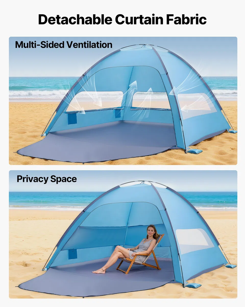 VEVOR Tenda da Spiaggia Parasole per Mare per 8 Persone, Tenda da Sole Portatile con Borsa per il Trasporto e Ancoraggi a Terra, Ombrellone da Spiaggia Leggero per Campeggio, Pesca, Picnic