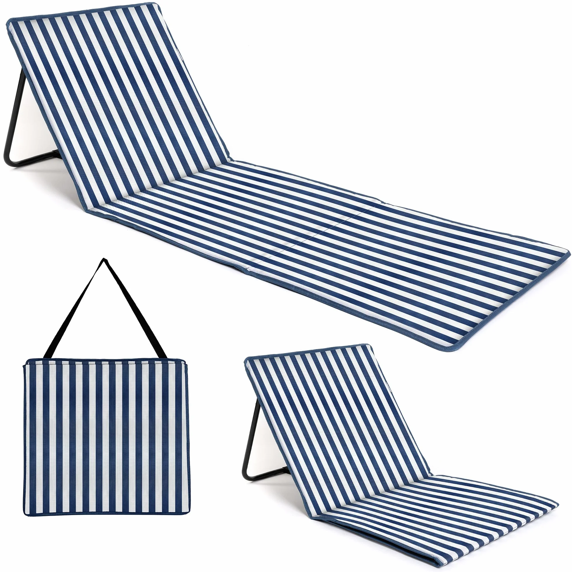 Tappetino da spiaggia pieghevole con schienale reclinabile e tasca, righe blu