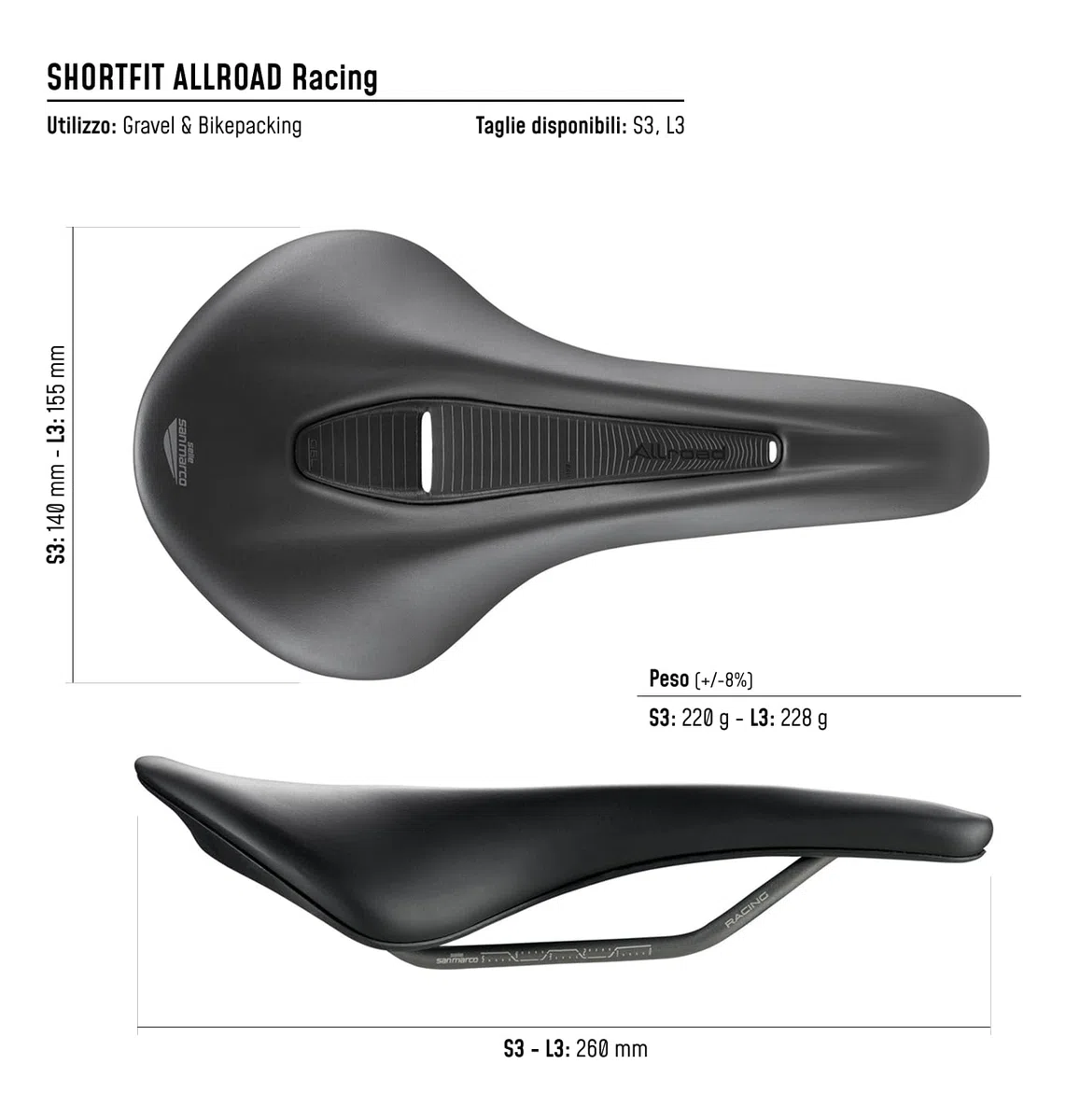 Selle San Marco SHORTFIT ALLROAD Racing - Sella Bici Gravel e All-Road, Performance Leggera, Binari Xsilite, Corta Ergonomica