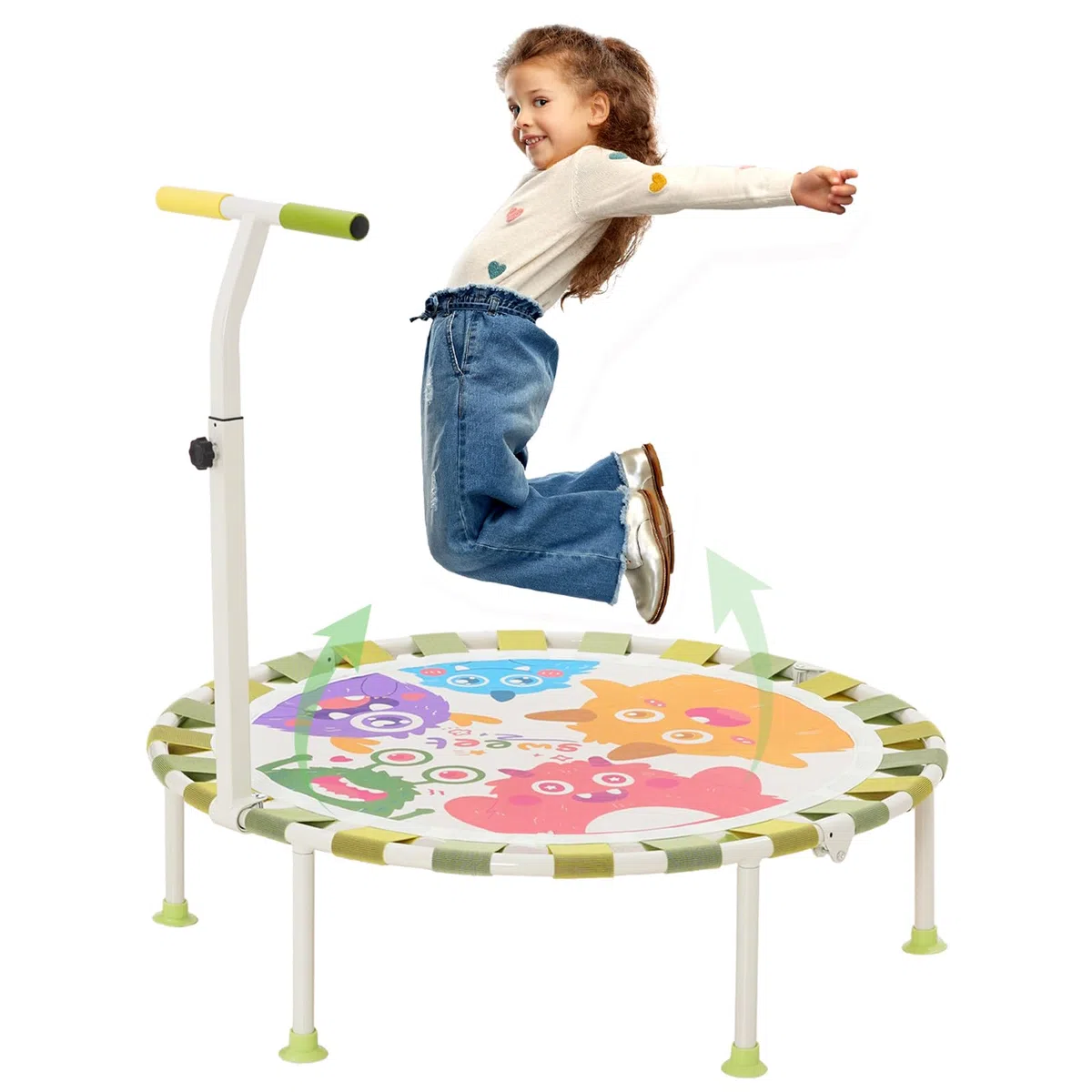 Trampolino per Bambini da Interno e Interni Ø101cm,Trampolino Elastico Fitness Pieghevole con Manico in Schiuma Regolabile in 3 Posizioni e Ventose Antiscivolo,Tappeto Elastico Bambini, Portata 80 kg