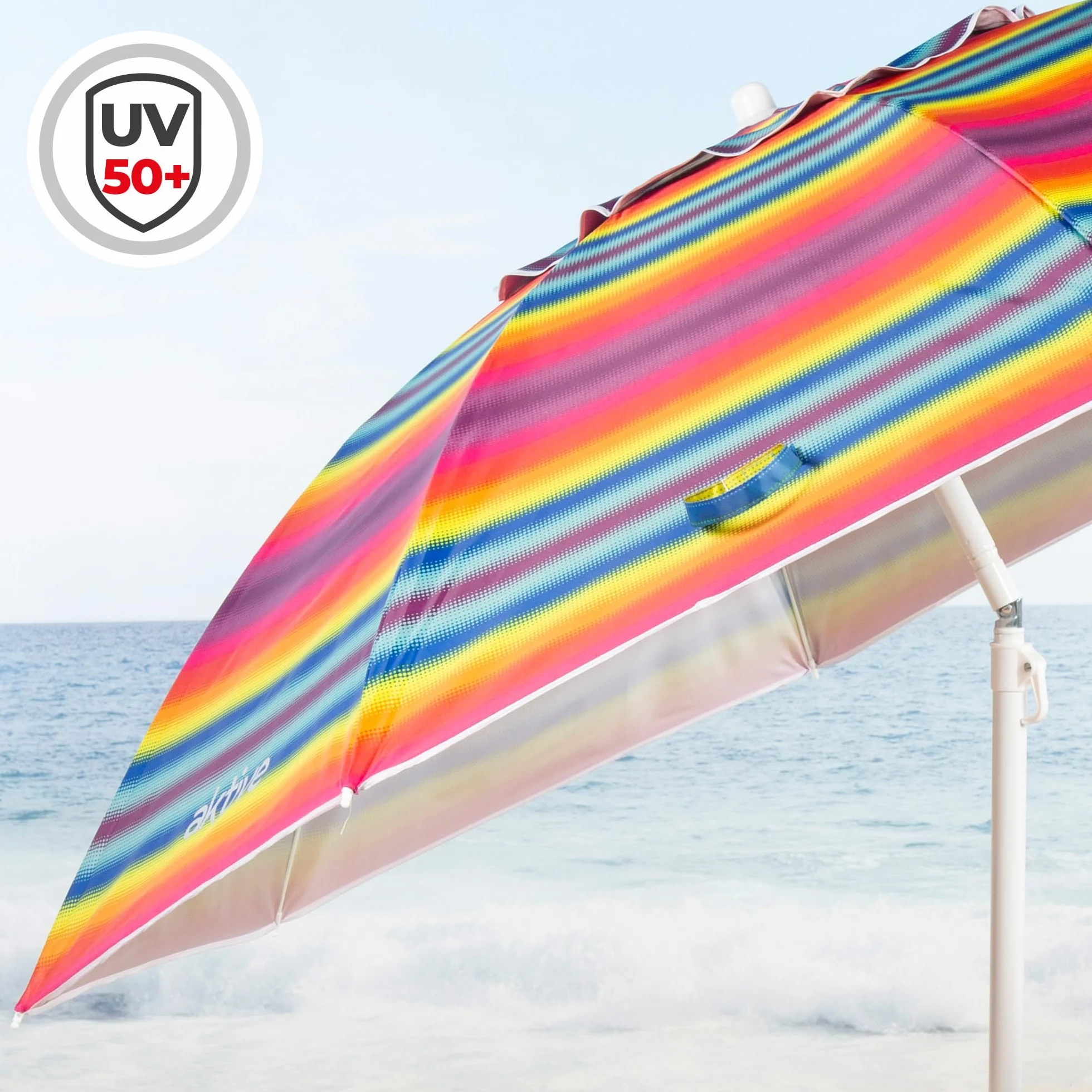 AKTIVE Ombrellone da spiaggia, 220 cm, antivento, tetto ventilato, palo da 28-32 mm, protezione UV 50, borsa portaoggetti inclusa, spiaggia