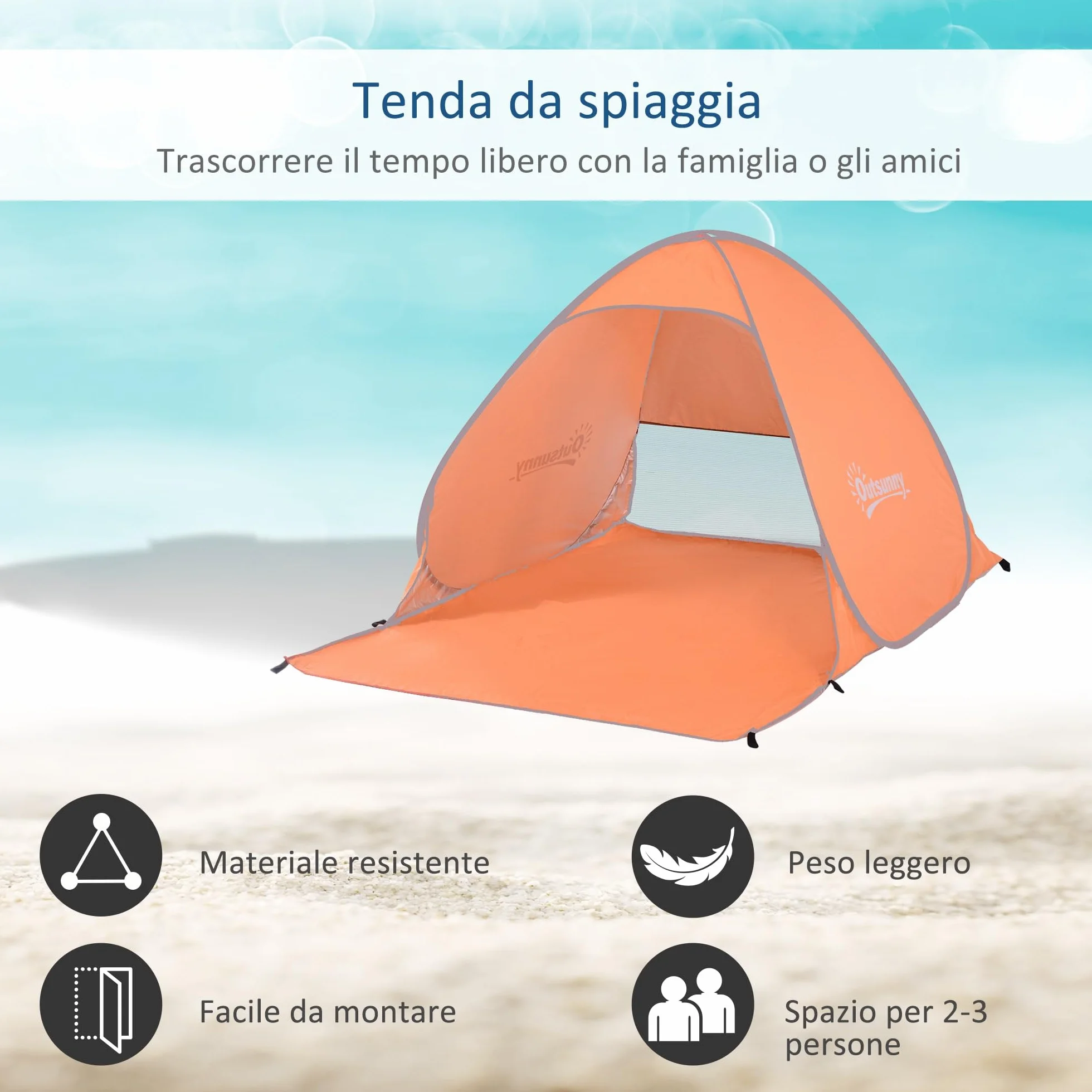 Outsunny Tenda da Spiaggia Pop Up con Protezione UV 30+, Tendalino da Mare Pieghevole con Finestra e Borsa di Trasporto, 200x150x119 cm
