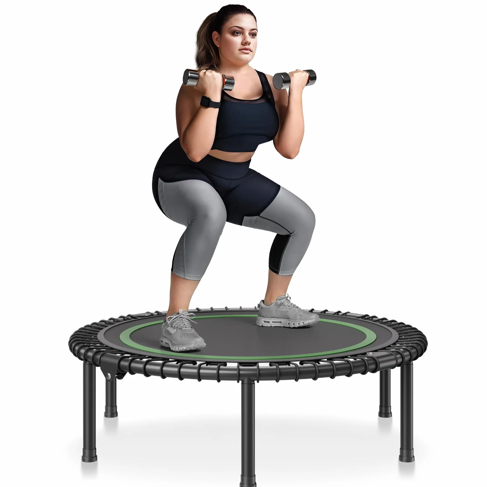 VEVOR Mini Trampolino Pieghevole Fitness 1027 mm, Capacità di Peso 150 kg, Trampolino Elastico per Adulti per Allenamento in Interni/Giardino, Nero e Verde