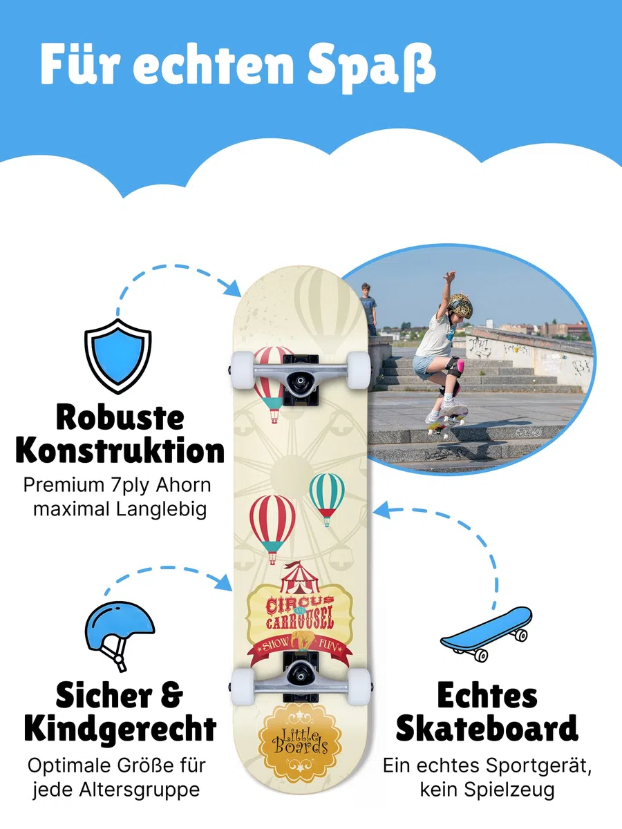 Skateboard per bambini – tavola completa di alta qualità per principianti dai 3 o 4 anni in su, in 7 strati di acero, con nastro antiscivolo, assi e ruote in uretano, cuscinetti a sfera