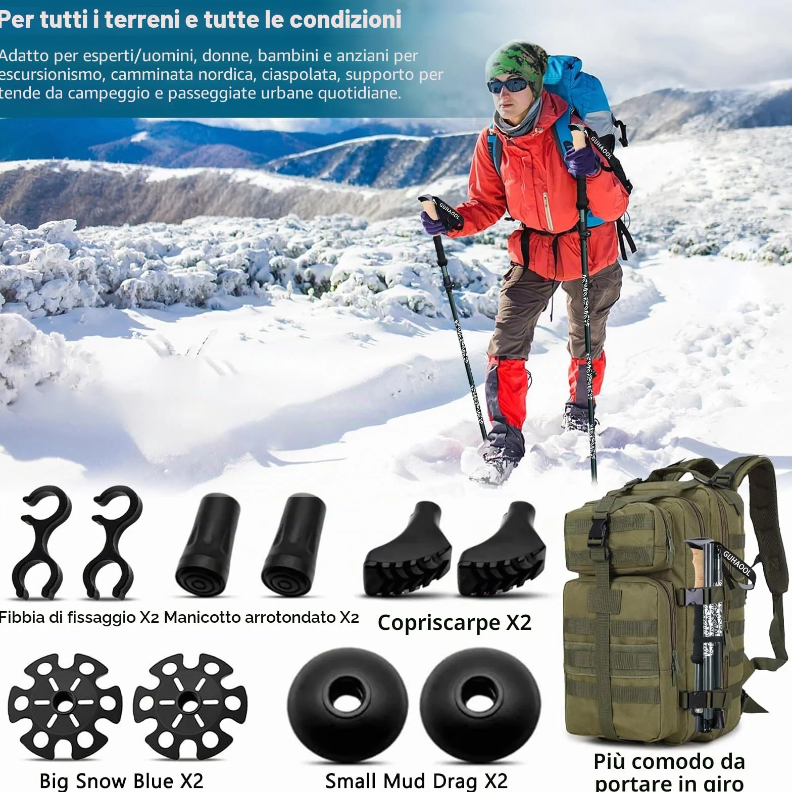 Bastoni Trekking Carbonio Allu 7075 Pieghevole Regolabile 108-139cm 2 Pezzi Nordic Walking