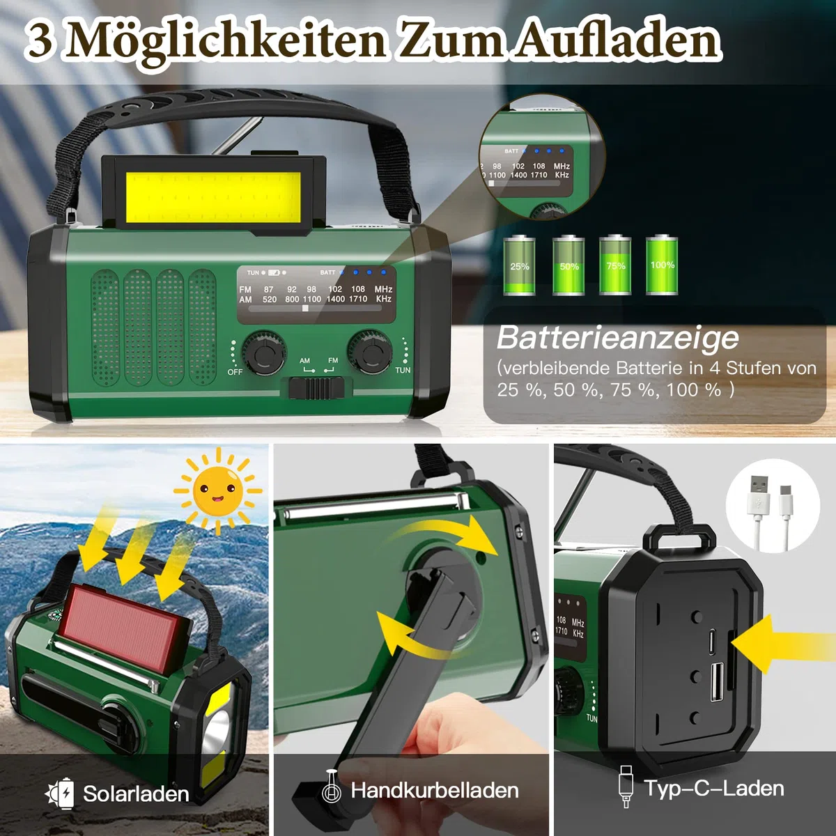 Radio a manovella, 10000 mAh, con manovella di emergenza, FM/AM portatile, radio di emergenza Dynamo Radio ricaricabile con funzione di ricarica del cellulare, torcia a LED, lampada da lettura