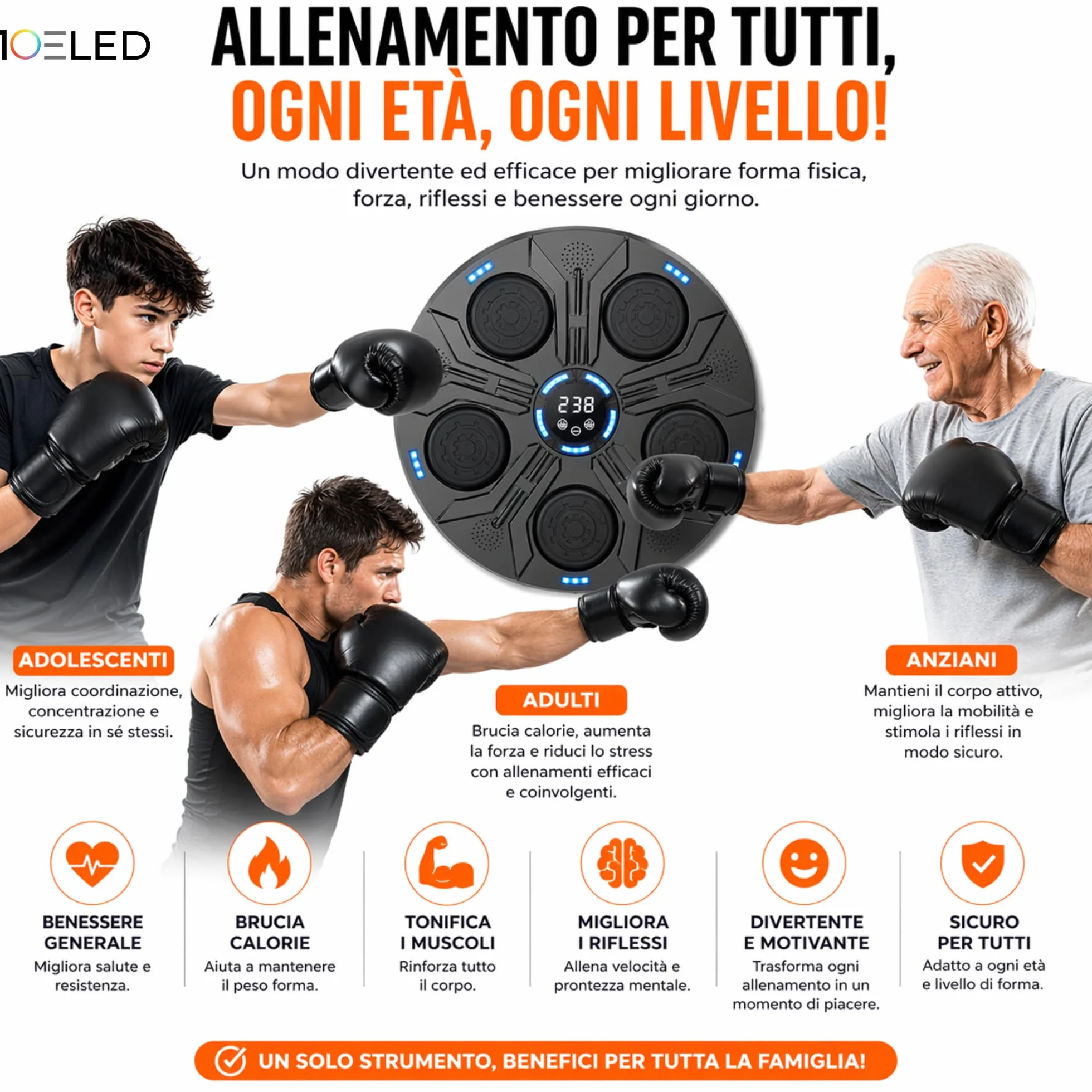 Music Boxing Machine Interattiva con LED a Parete e Bluetooth - Display Digitale - 5 Pad Reattivi - Guantoni INCLUSI - Beat Punch Allenamento Casa per Riflessi, Velocità e Coordinazione