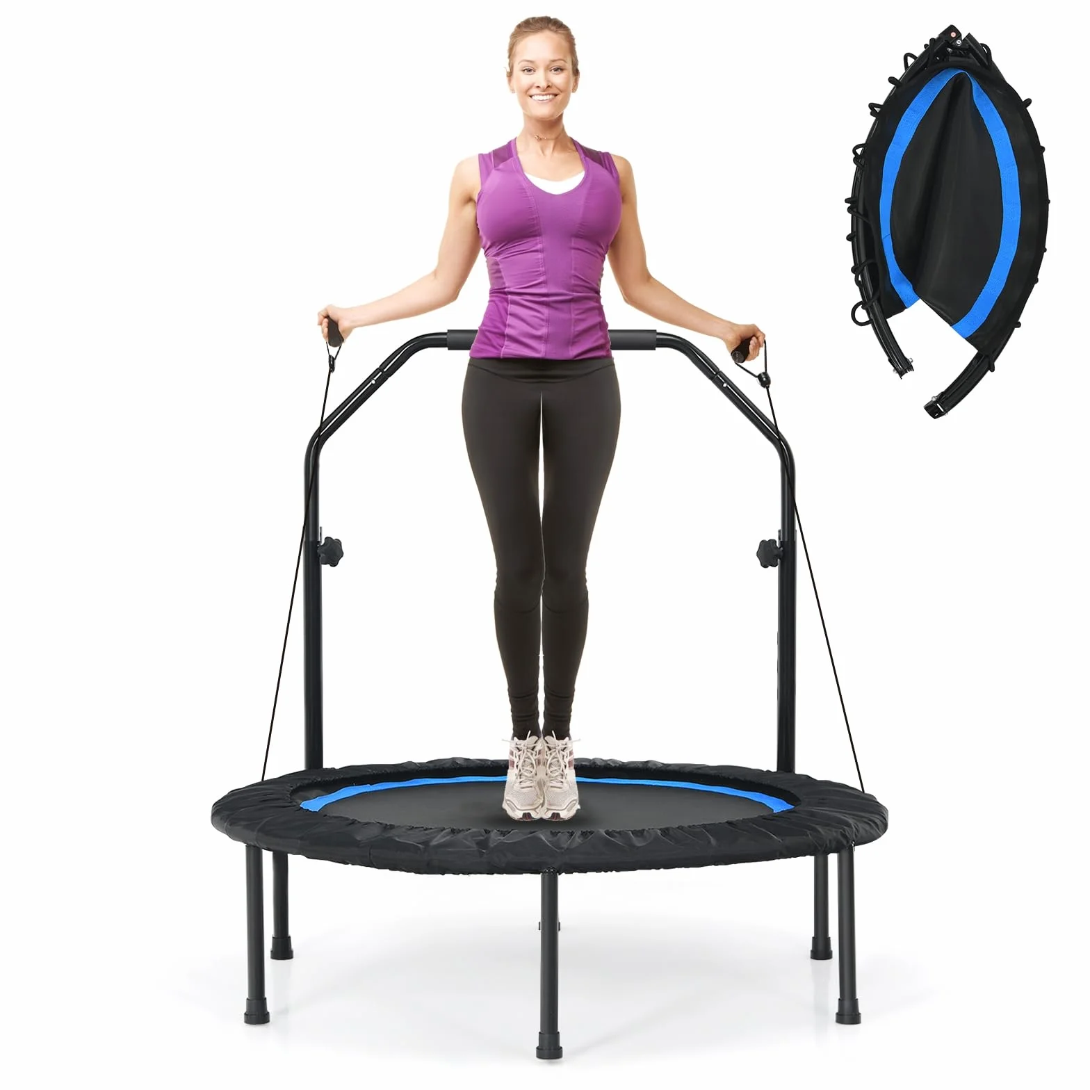 LIFEZEAL Trampolino per fitness pieghevole φ101 cm, saltatore con barra di sicurezza, 2 bande di resistenza, altezza regolabile 107,5-130,5 cm, telaio in acciaio, carico 150 kg, interno ed esterno