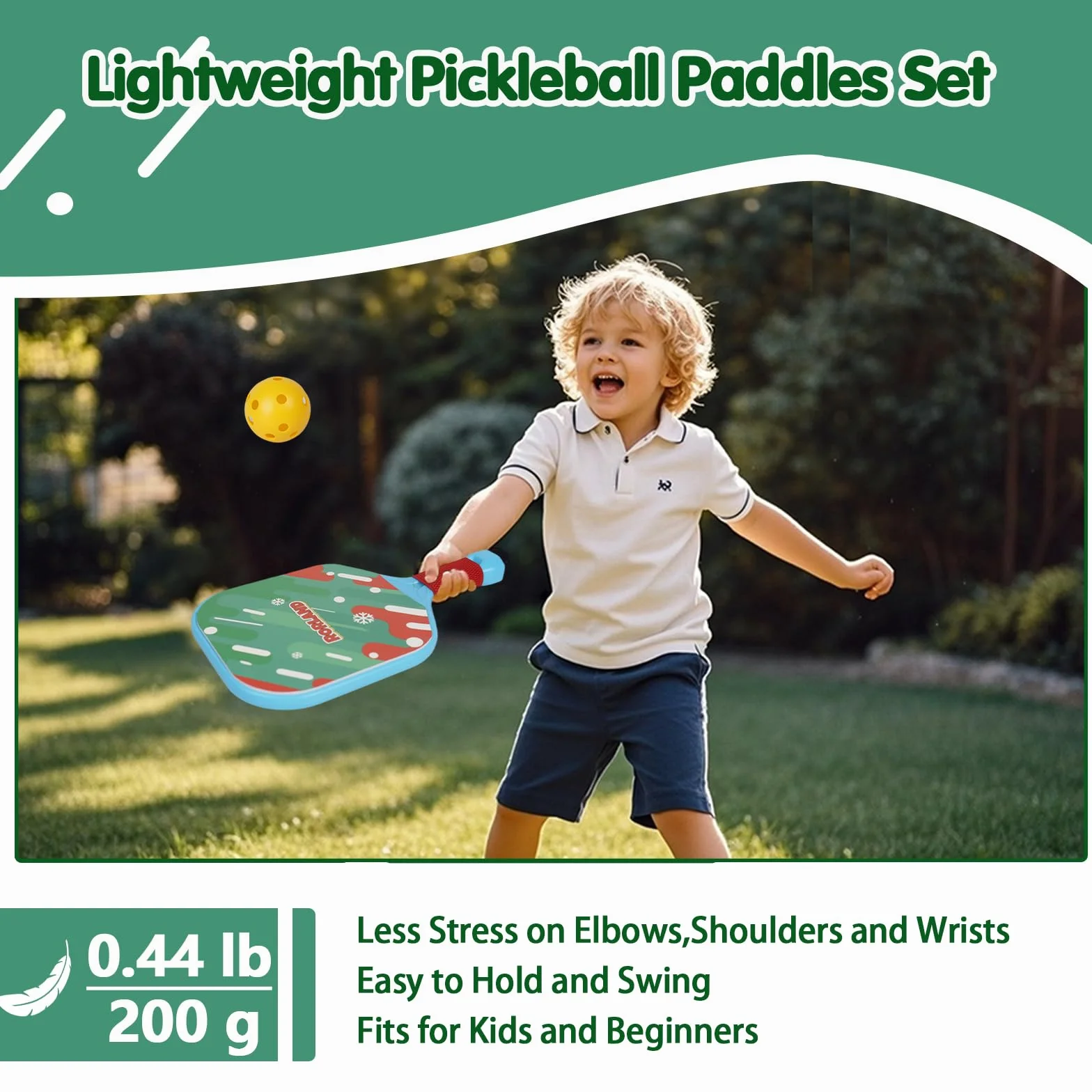 Set Pickleball Bambini: 2 Racchette 4 Palline, Peso Leggero 200g, Impermeabile per Giardino Spiaggia Piscina