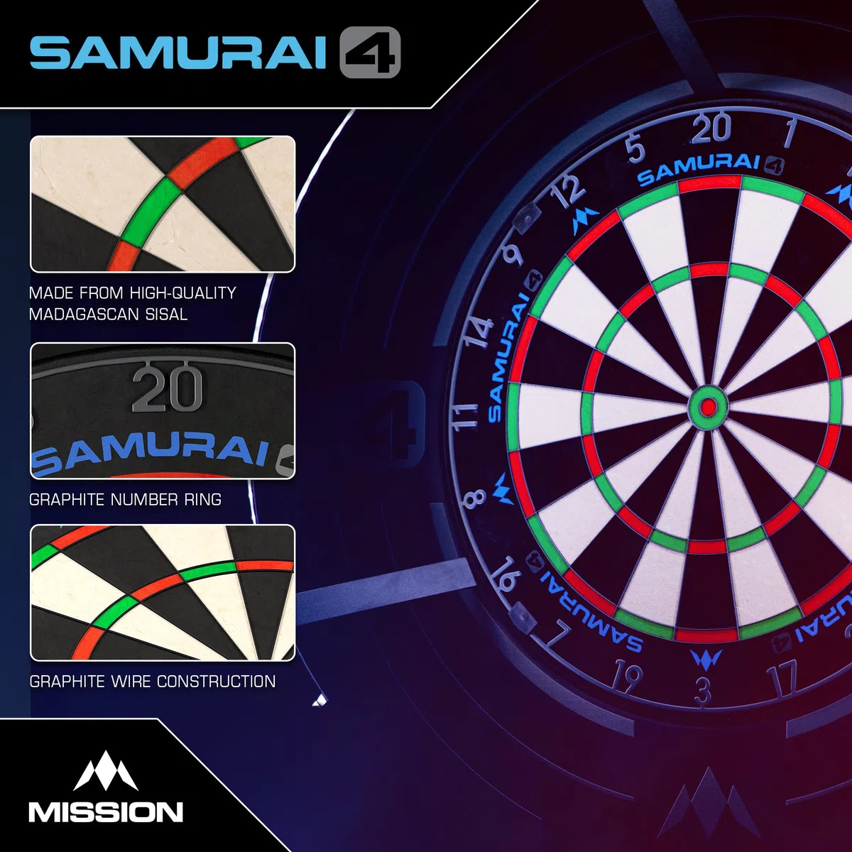 Mission Darts | Samurai 4 | Bersaglio professionale con setole | Filo per coltelli | White OR Graphite Spider Edition