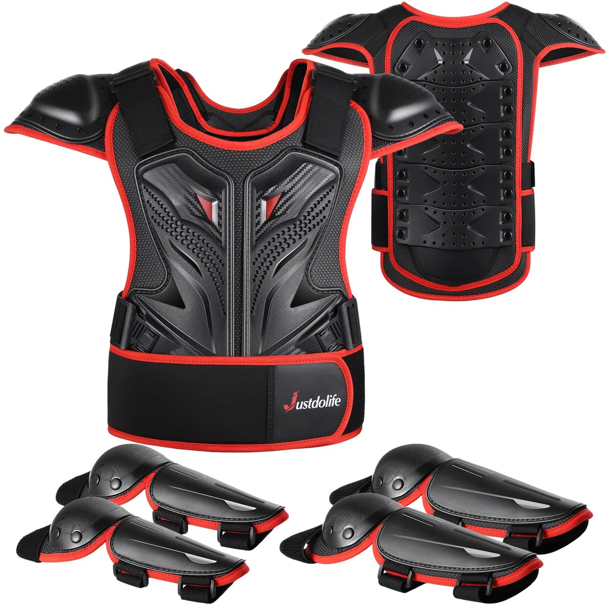 Armatura Moto per Bambini - JUSTDOLIFE Protettore Motocross a Guscio Spesso per Giovani Adolescenti con Protezioni per Ginocchia Gomiti Braccia e Spalle per Ciclismo Fuoristrada sci (Nero-Rosso)