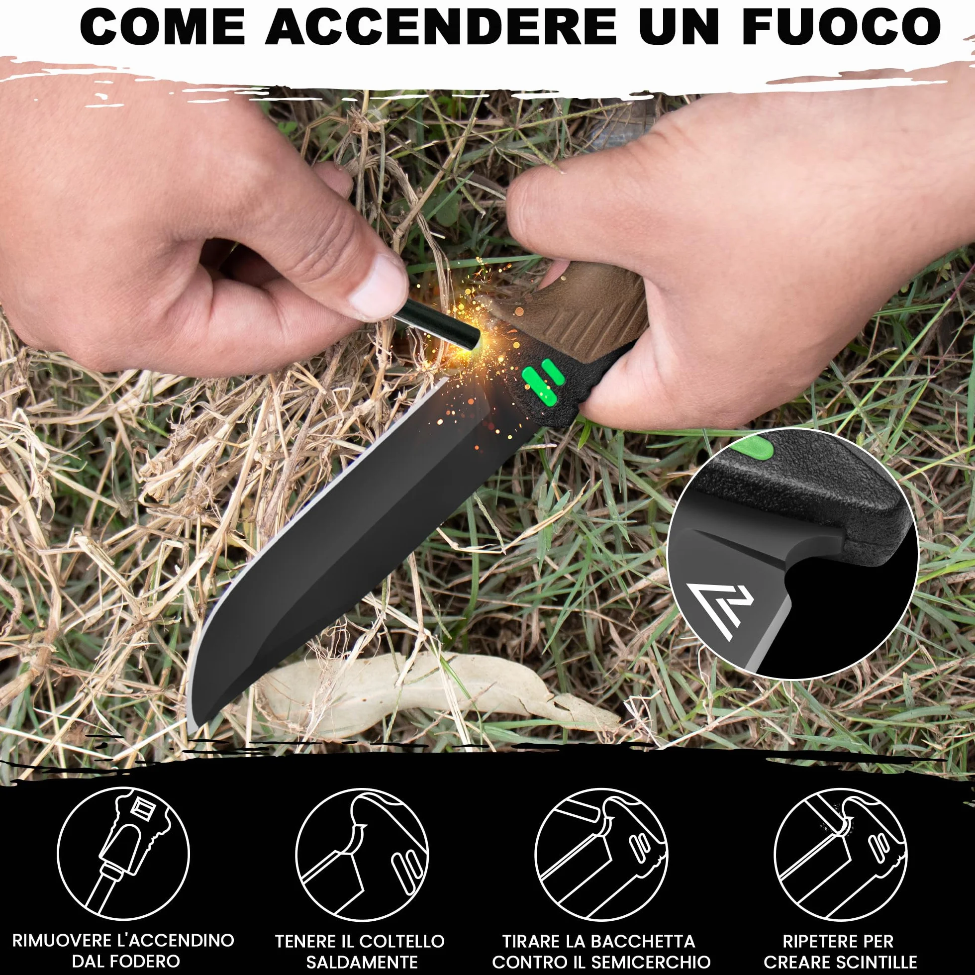 naifu® - The Hunter X - MARONNE - Coltello sopravvivenza a lama fissa da 12 cm in acciaio inossidabile - Coltello da caccia - Sopravvivenza - Bushcraft - Accendino e affilatore inclusi