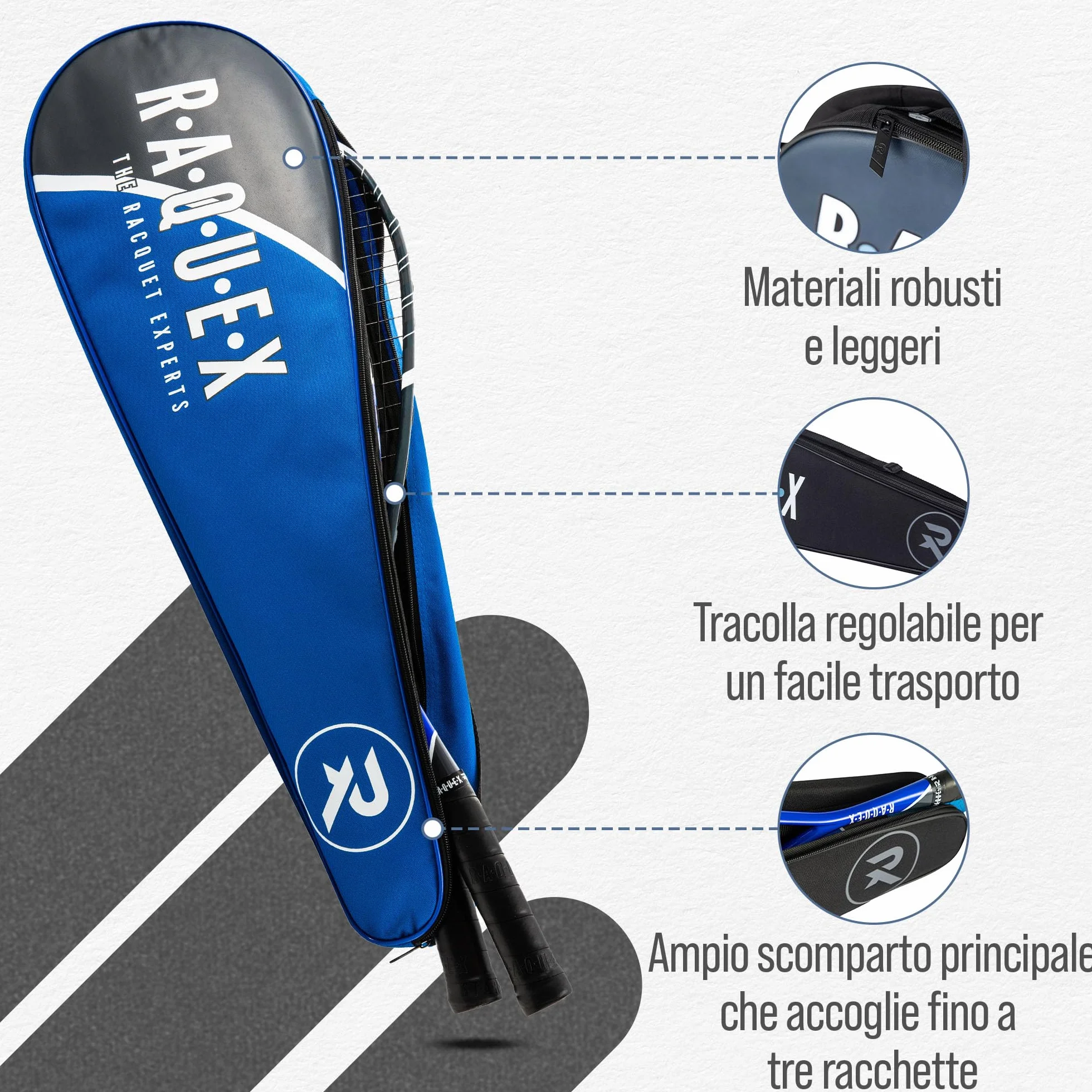 Raquex Borsa tre racchette da badminton - Custodia per racchette da badminton o da squash, con tracolla regolabile - Borsa sportiva per racchette da uomo e da donna