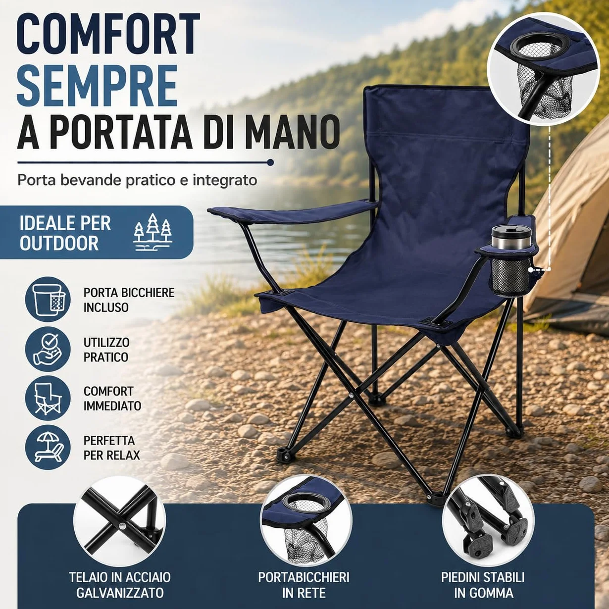 IlGruppone Sedia Camping Pieghevole in Acciaio con Porta Bevande – Sedia da Campeggio Portatile Impermeabile e Antiruggine con Sacca Trasporto – Ideale per Mare, Spiaggia, Pesca e Outdoor (Blu)