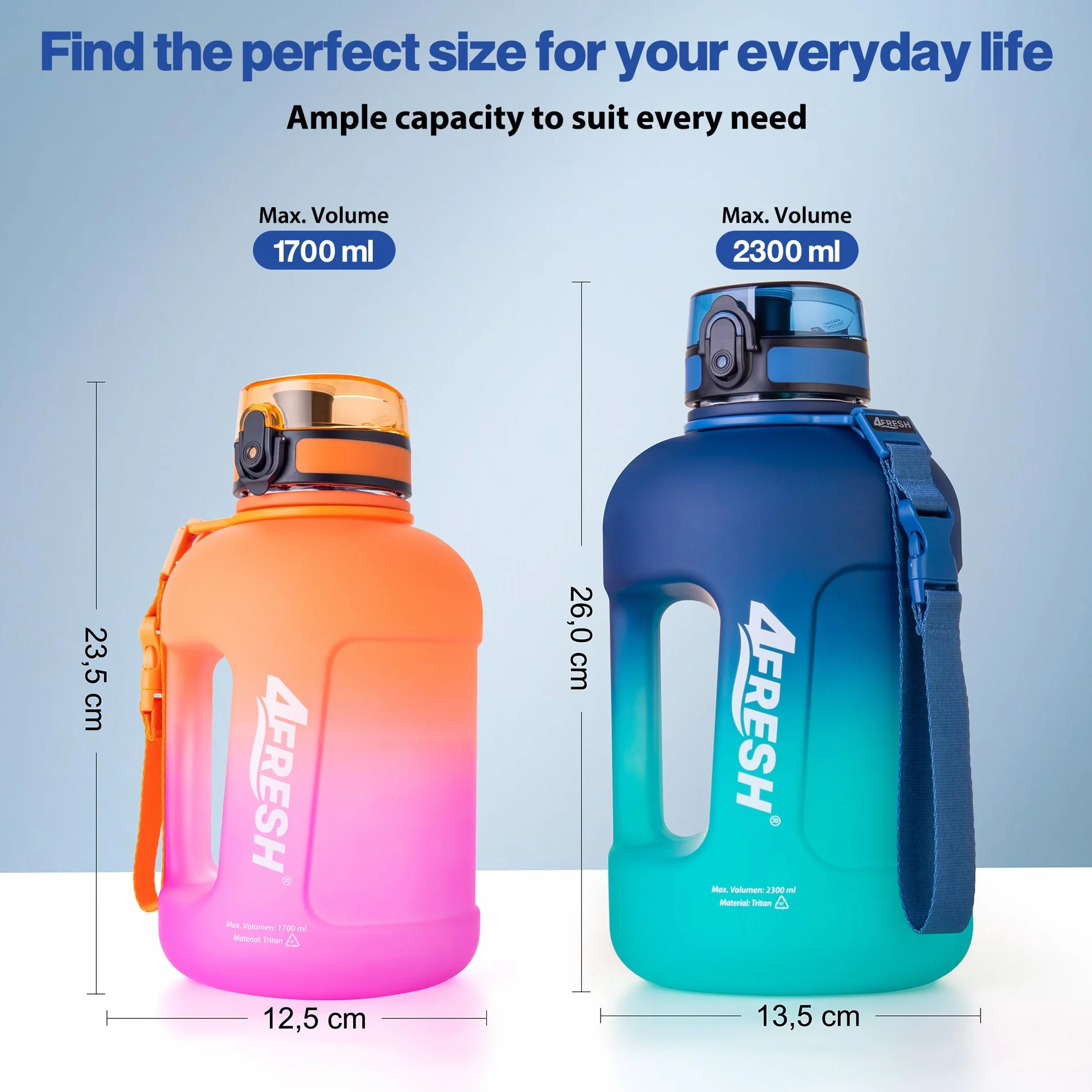 Borraccia Gallon 2300 ml 2,3 L con Manico Antiperdita Senza BPA Tritan per Fitness Palestra Camping