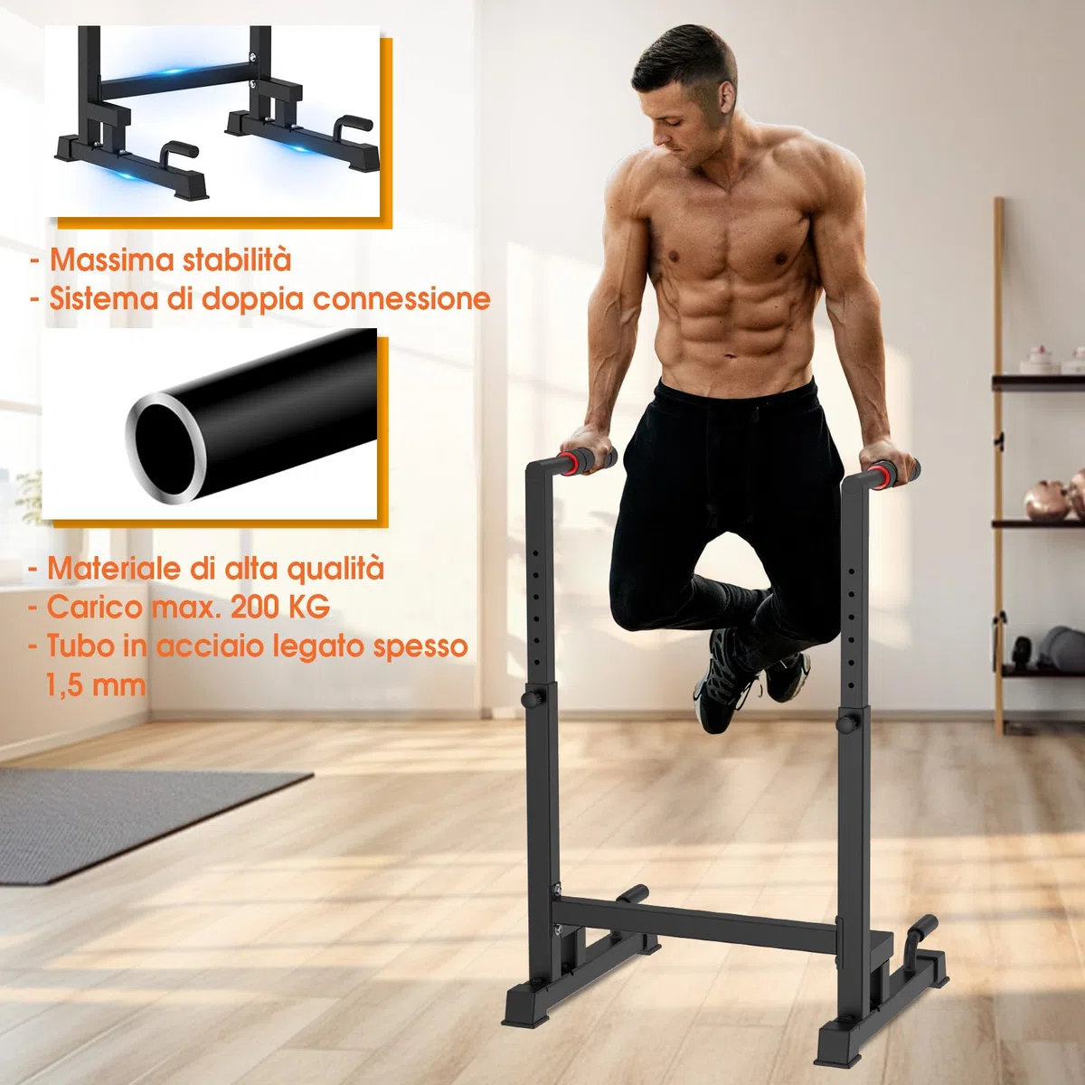 DH FitLife - Dip Parallele Calisthenics Robuste, Stabili e Versatili per Allenamento a Casa | Dip Station Regolabile in 9 Altezze (100-130 cm), Ideale per Parallele Dip, Push Up e Sviluppo Forza