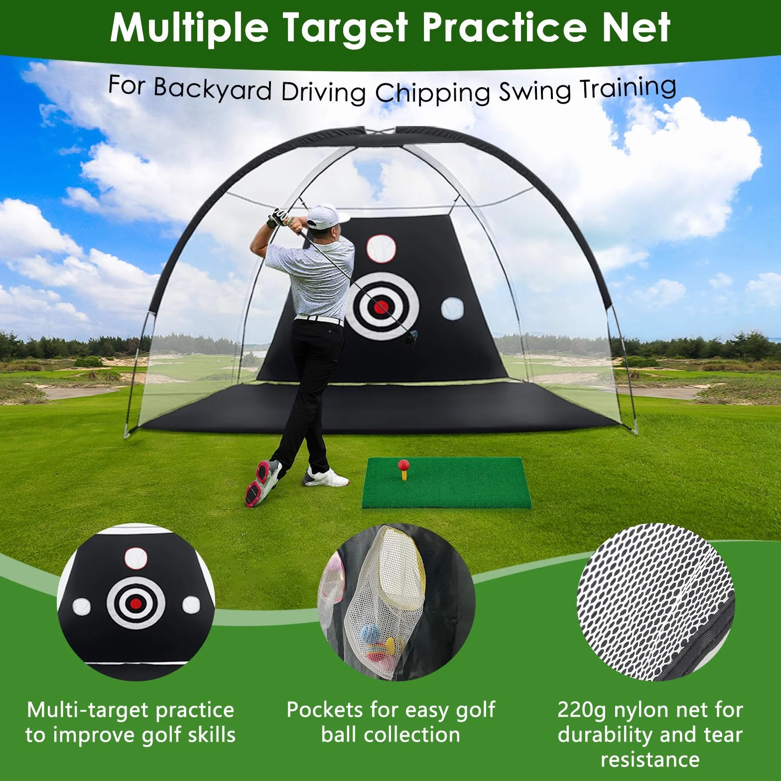 TTCB Sports Rete da Golf 10x7FT con 6 palline, 1 correttore di oscillazione, Perfetta per interni ed esterni, Ideale per l'allenamento di swing e chipping in giardino o campo pratica (3x2,1x1,8m)