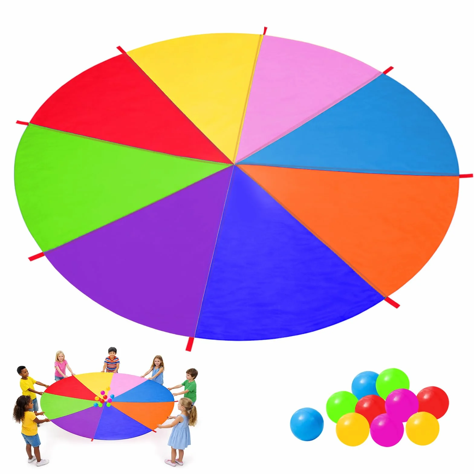 Paracadute Bambini 3,6m Arcobaleno 8 Maniglie 10 Palle Giochi All'aperto Sport