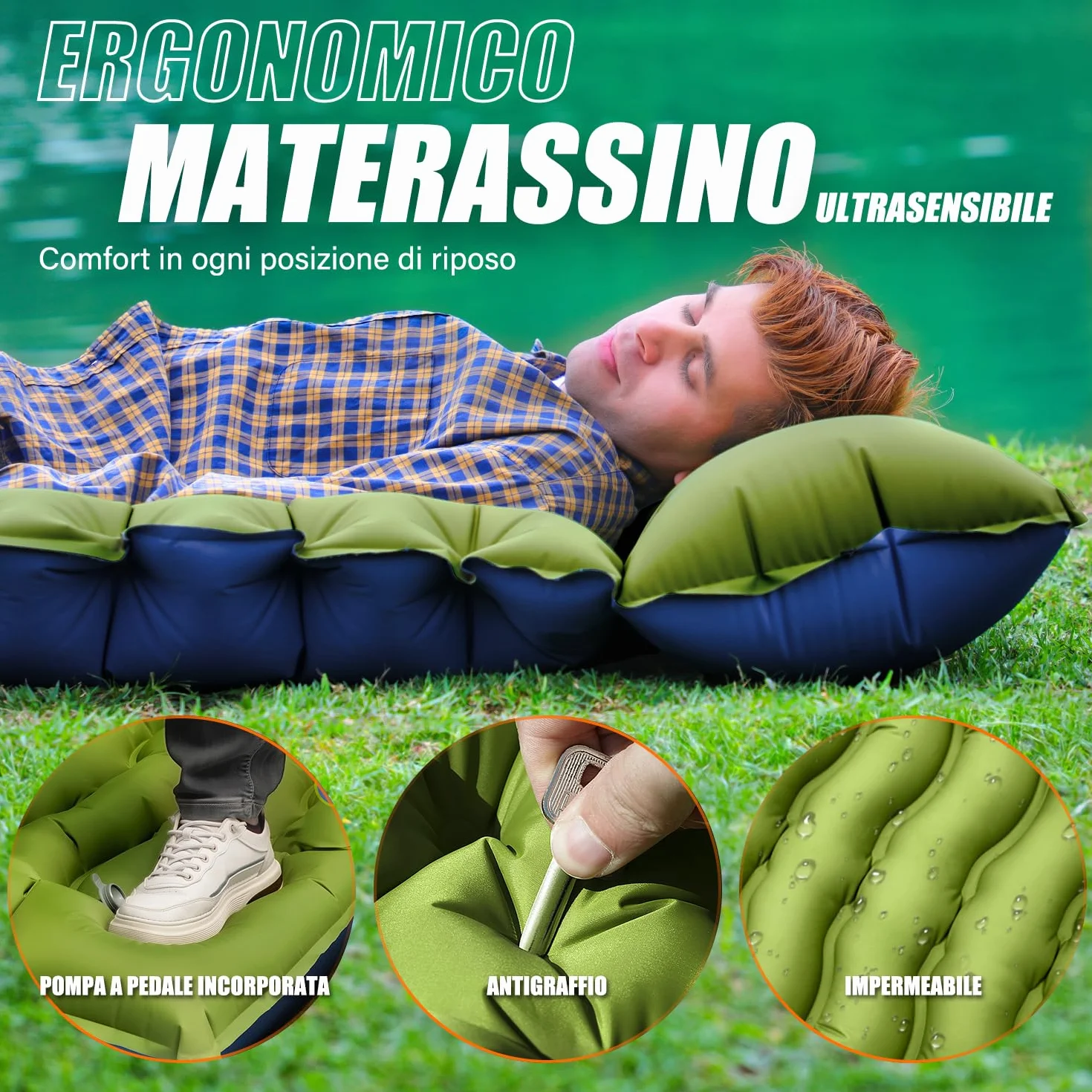 Yuzonc Materassino Campeggio Autogonfiante Ultraleggero con Cuscino, Materasso Gonfiabile Portatile per Escursionismo Trekking Tenda