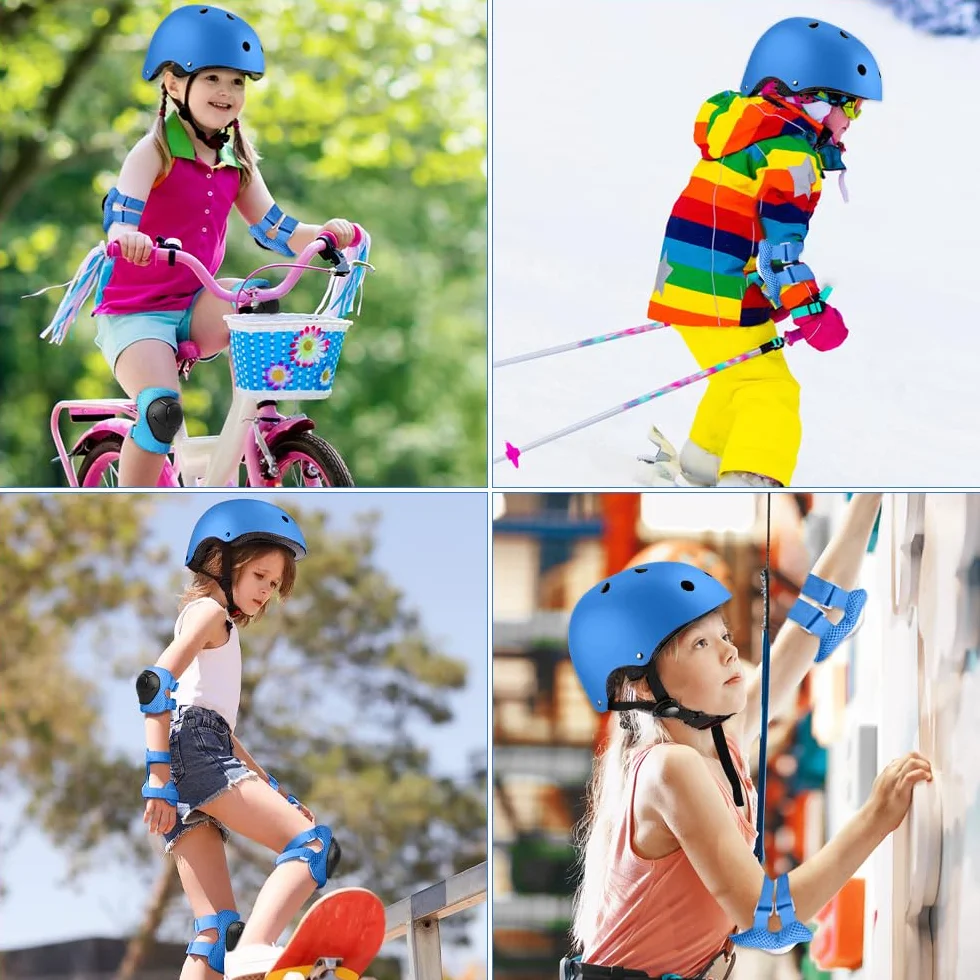 Set di Casco Protezione Bambini, 5 in 1 Casco Bici Protezioni Set per 3-11 Anni Regolabile Polso Ginocchiere Protezione per Skateboard Hoverboard Pattini in Linea(Blu)