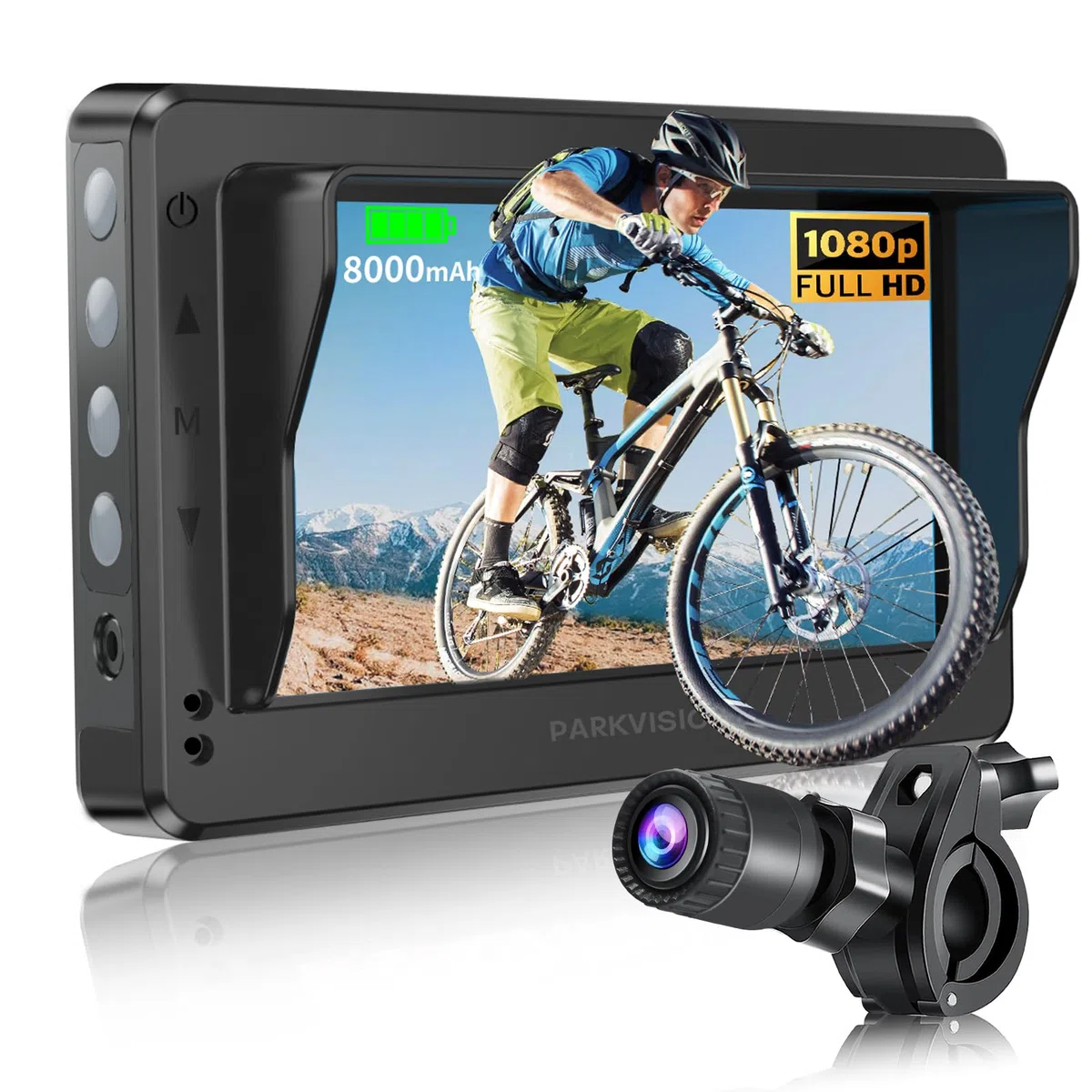 PARKVISION Kit Specchio Retrovisore per Bicicletta con Batteria 8000mAh - Telecamera Posteriore Bici AHD 1080P, Monitor 4,3", Visione Notturna, per MTB, E-Bike e City Bike