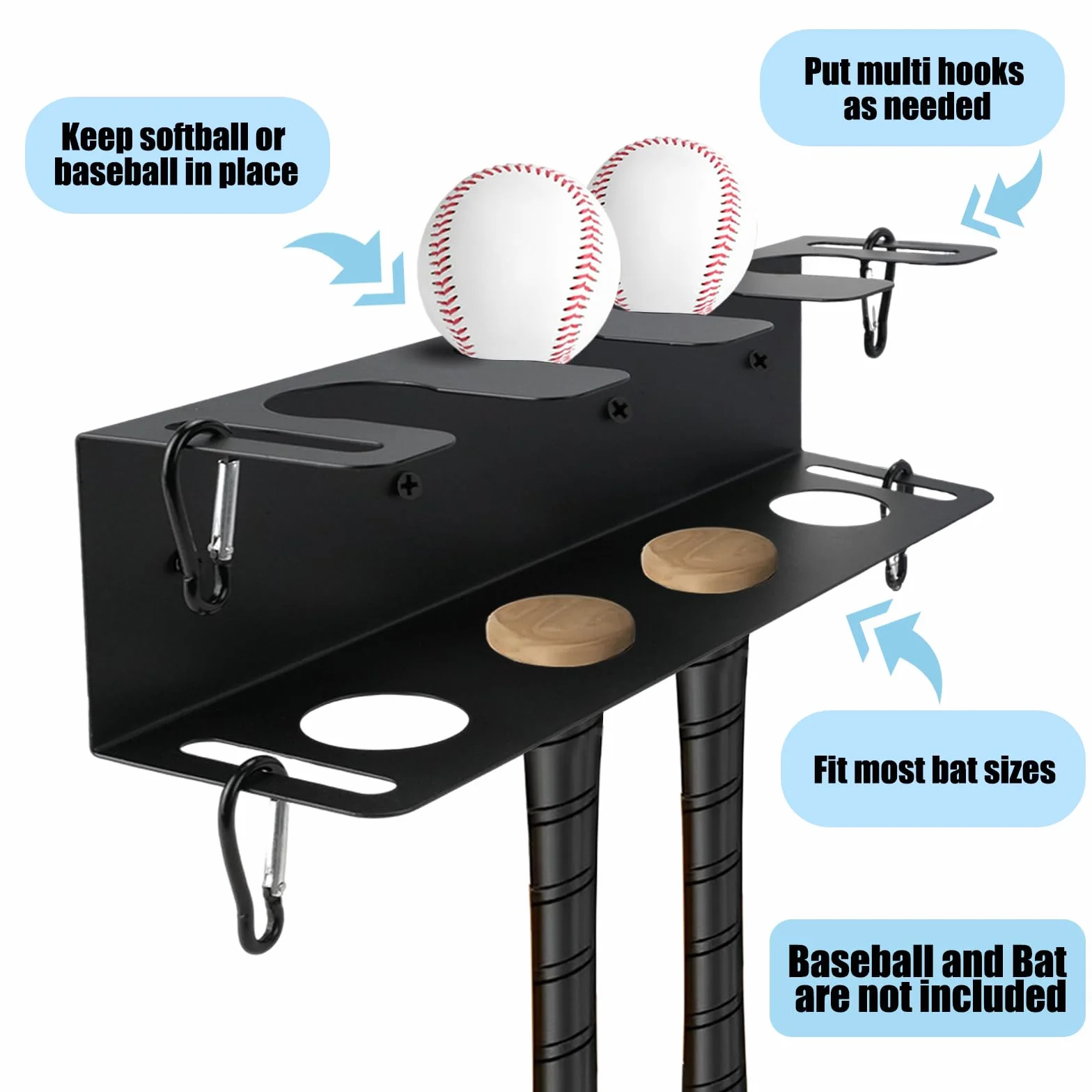 Mensola da baseball in metallo resistente per racchette e palline, organizer per attrezzature sportive (nero)