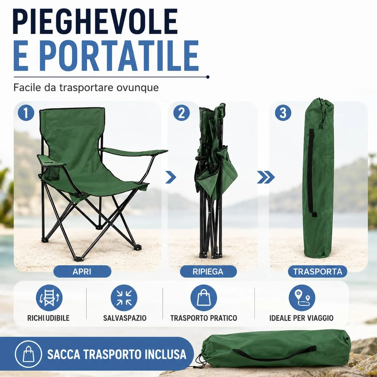 IlGruppone Sedia Camping Pieghevole in Acciaio con Porta Bevande – Sedia da Campeggio Portatile Impermeabile e Antiruggine con Sacca Trasporto – Ideale per Mare, Spiaggia, Pesca e Outdoor (Blu)