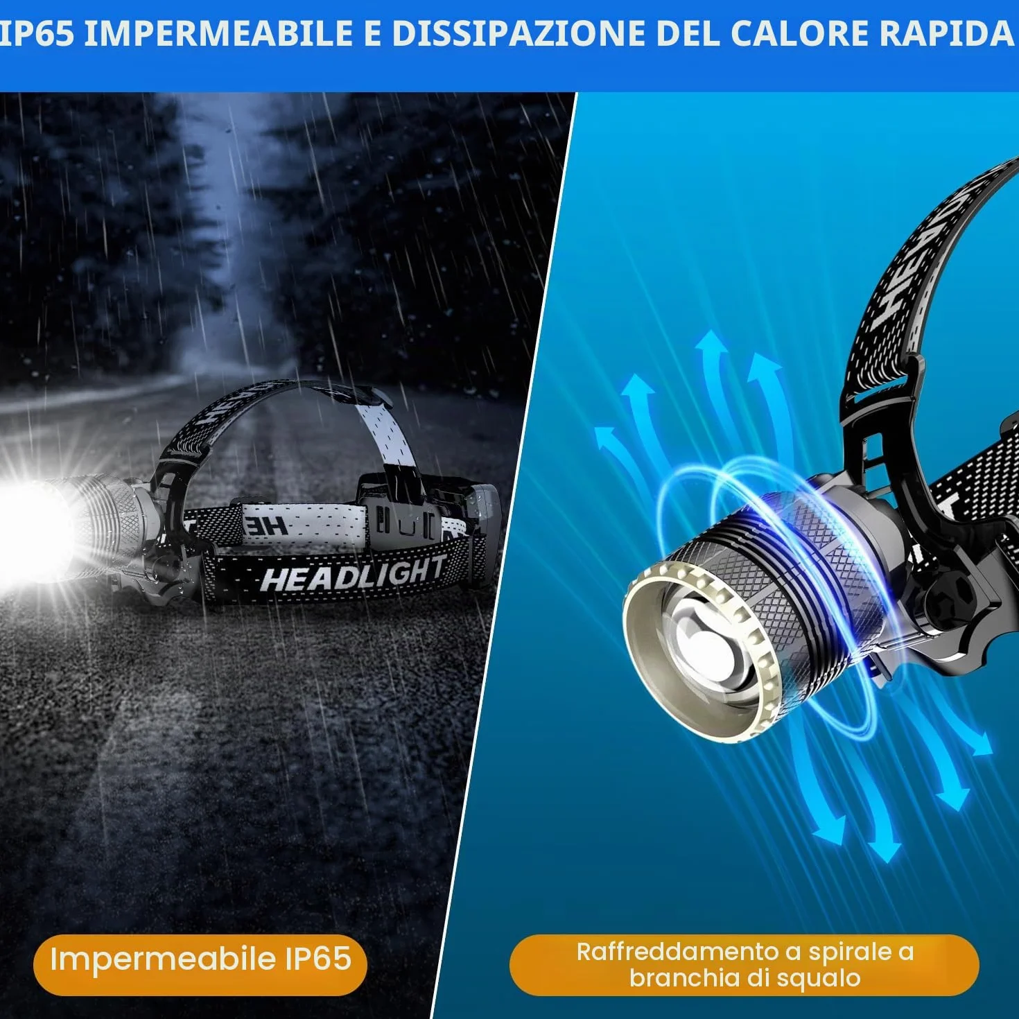 LEKIA Torcia Frontale LED Ricaricabile USB-C 90000 Lumen 9000mAh IP65 Impermeabile