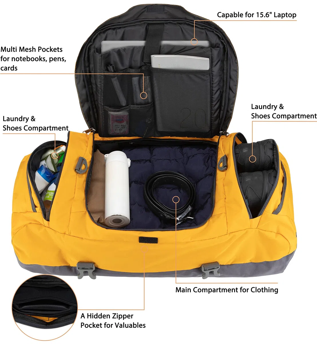 Ubon Borsone da Viaggio Grande Borse con Spazio per Laptop Vano Biancheria Ventilato Scomparto Scarpe Cinghie di Compressione Attrezzatura Escursionismo Campeggio Spiaggia Palestra Unisex Giallo 65L