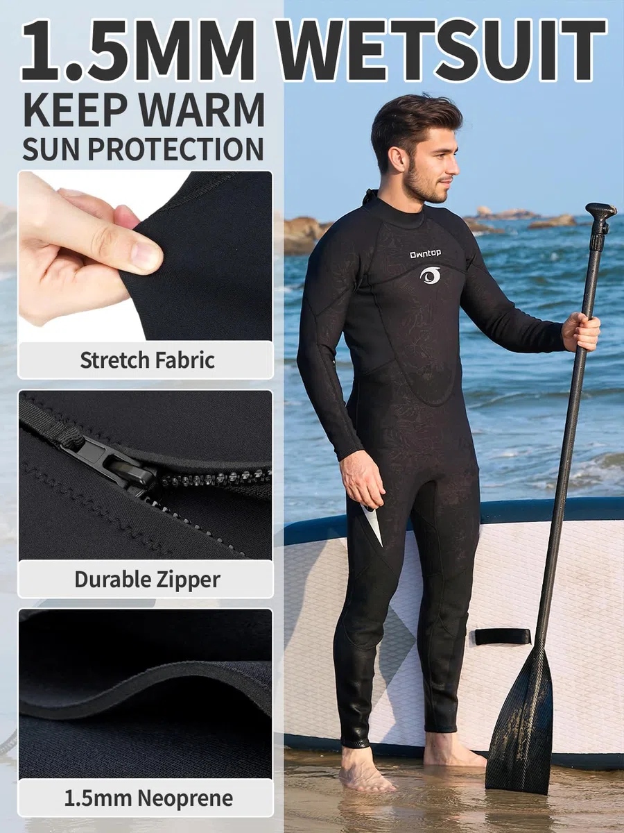 Owntop Muta da uomo e donna, 1,5 mm, lunghezza intera, in neoprene, con cerniera posteriore, per surf, snorkeling
