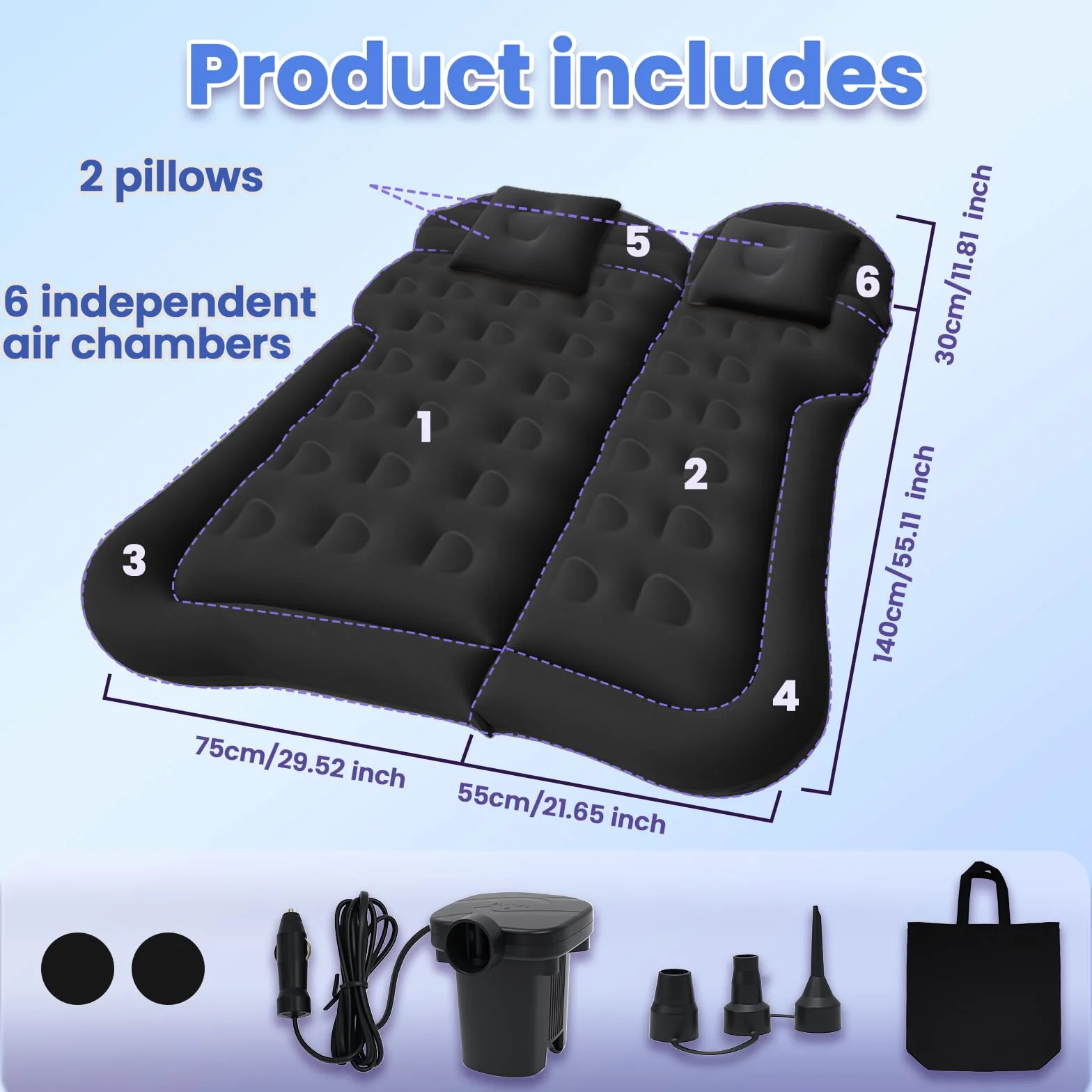 Materasso Auto SUV Portatile Ultra Comodo Floccato Materasso Gonfiabile per Auto con 2 Cuscini e Colonna d'Aria Migliorata Materasso per Auto per Interni ed Esterni Viaggi e Campeggio (Nero)