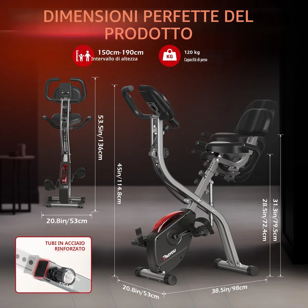 PASYOU Cyclette Pieghevole 3 in 1, Bicicletta magneticaper la Casa, Spinning Bike con monitor LCD e sensore di frequenza cardiaca, Cyclette a 10 livelli di resistenza magnetica,Salvaspazio
